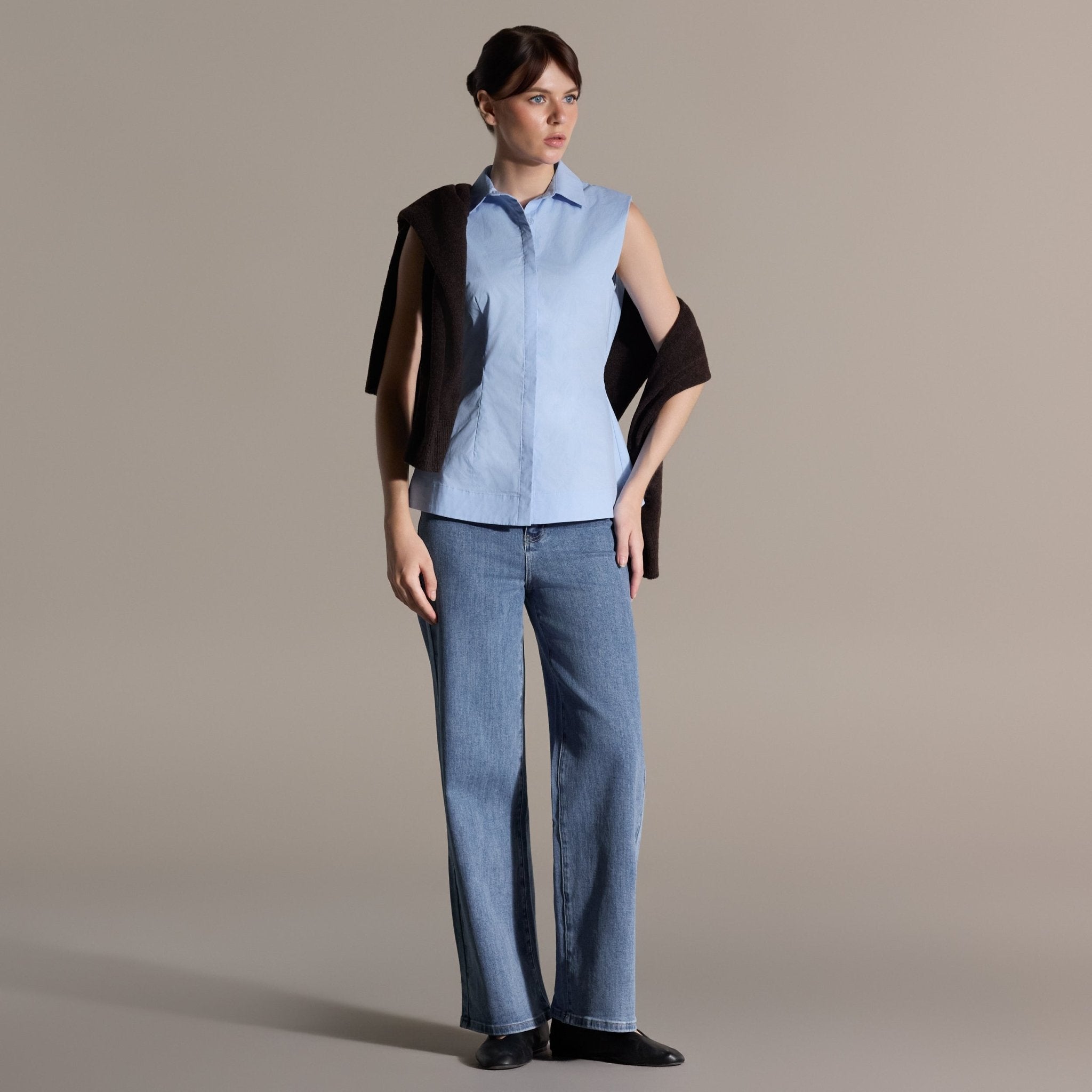 100% Cotton Blue Pleated Waist Sleeveless Shirt - shopaleena