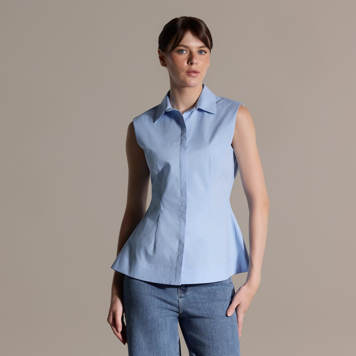 100% Cotton Blue Pleated Waist Sleeveless Shirt - shopaleena