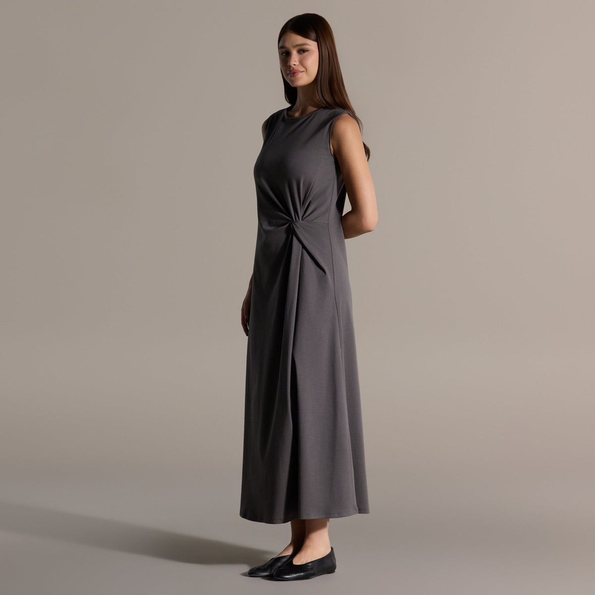 100% Cotton Gray Side Knot Midi Dress - shopaleena