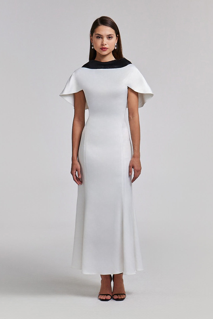 Satin Contrast Cape-Sleeve Dress with Back Tie Detail - shopaleena