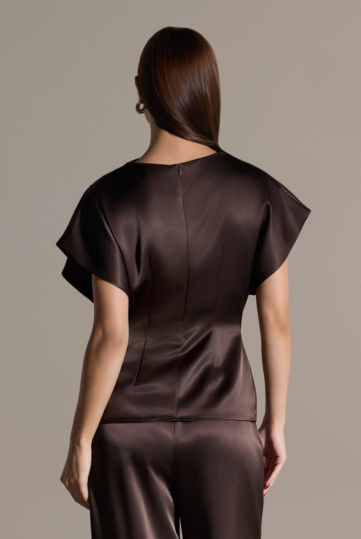 2 Piece Draped Satin Blouse & Wide Leg Pants Set - shopaleena
