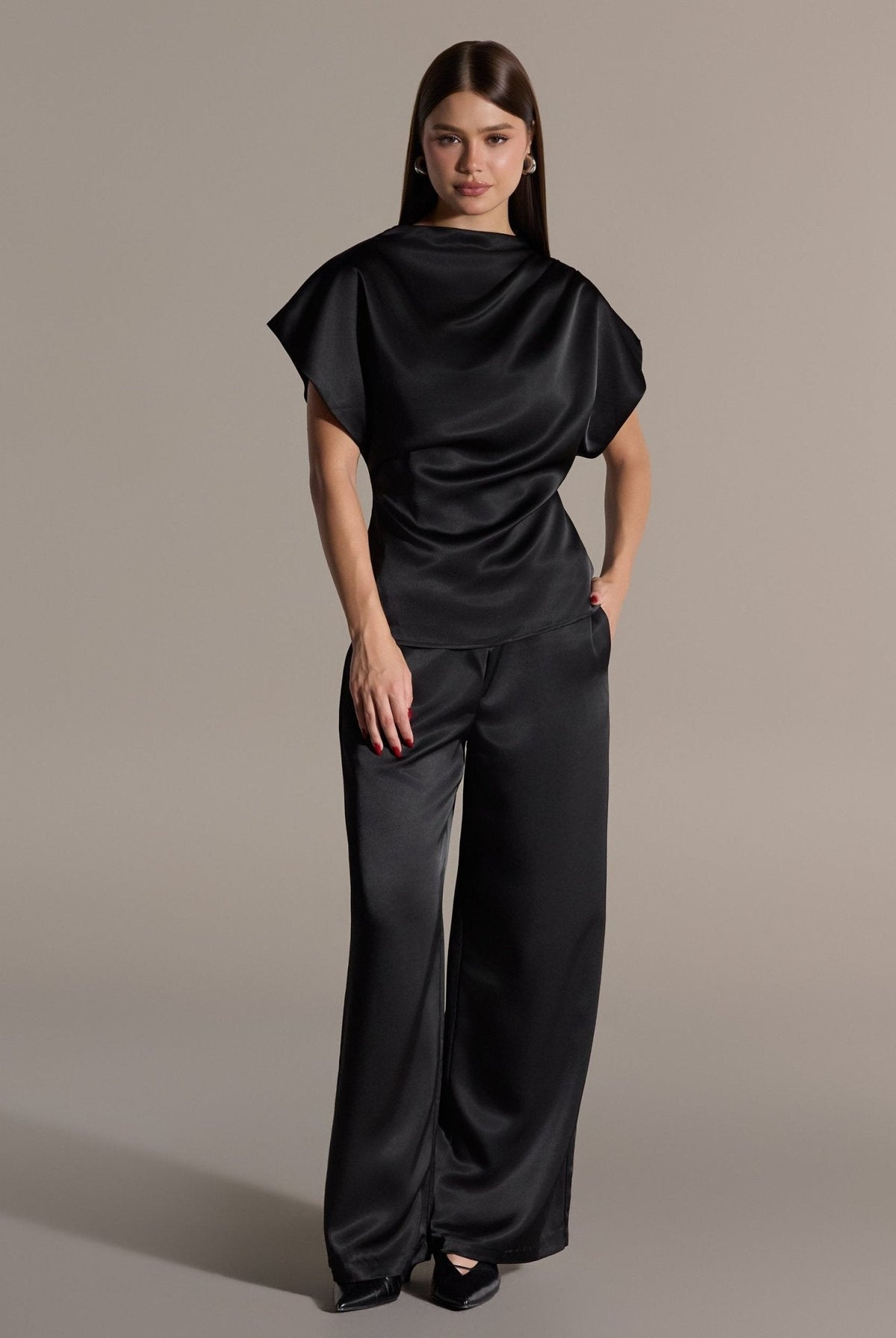 2 Piece Draped Satin Blouse & Wide Leg Pants Set - shopaleena