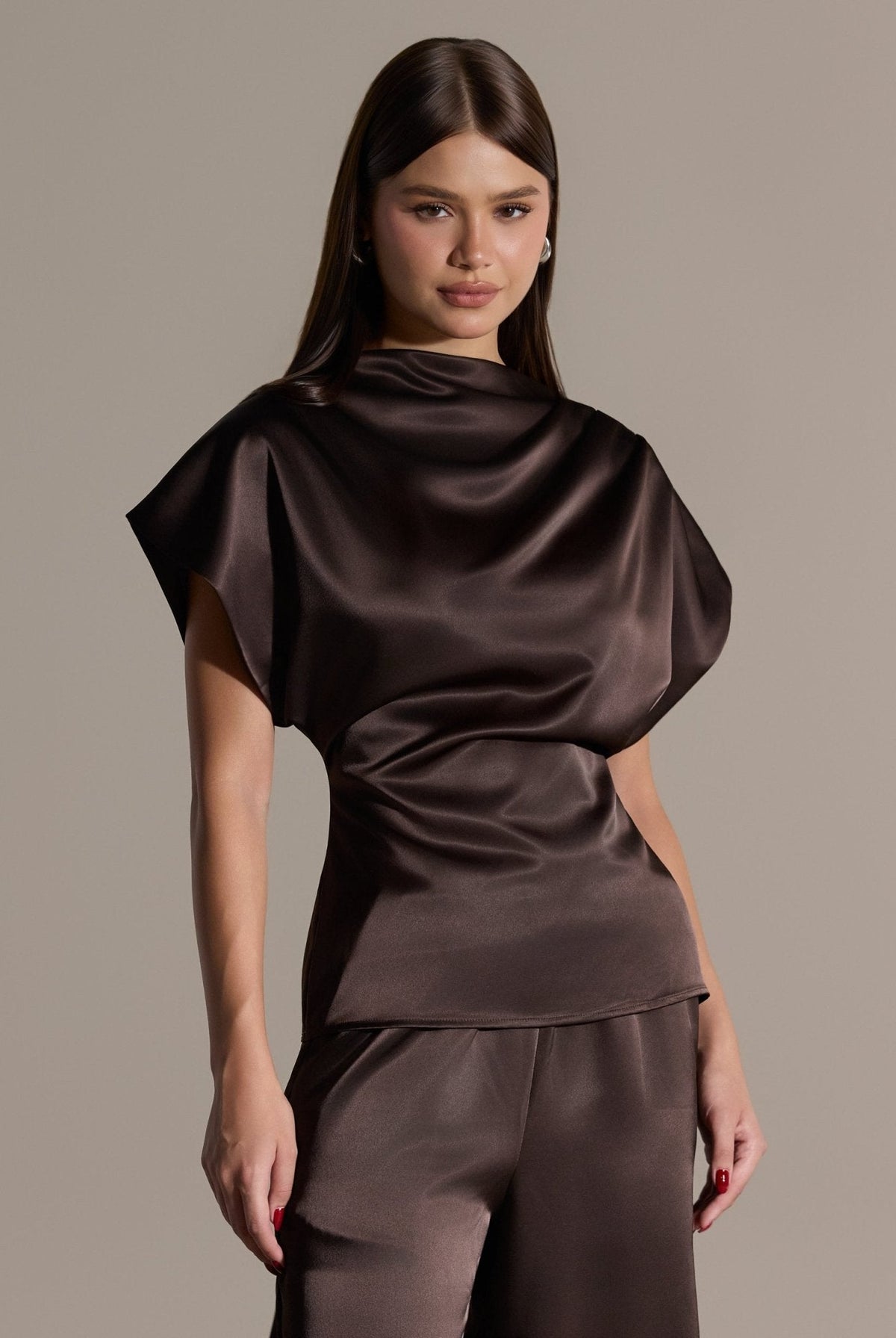 2 Piece Draped Satin Blouse & Wide Leg Pants Set - shopaleena