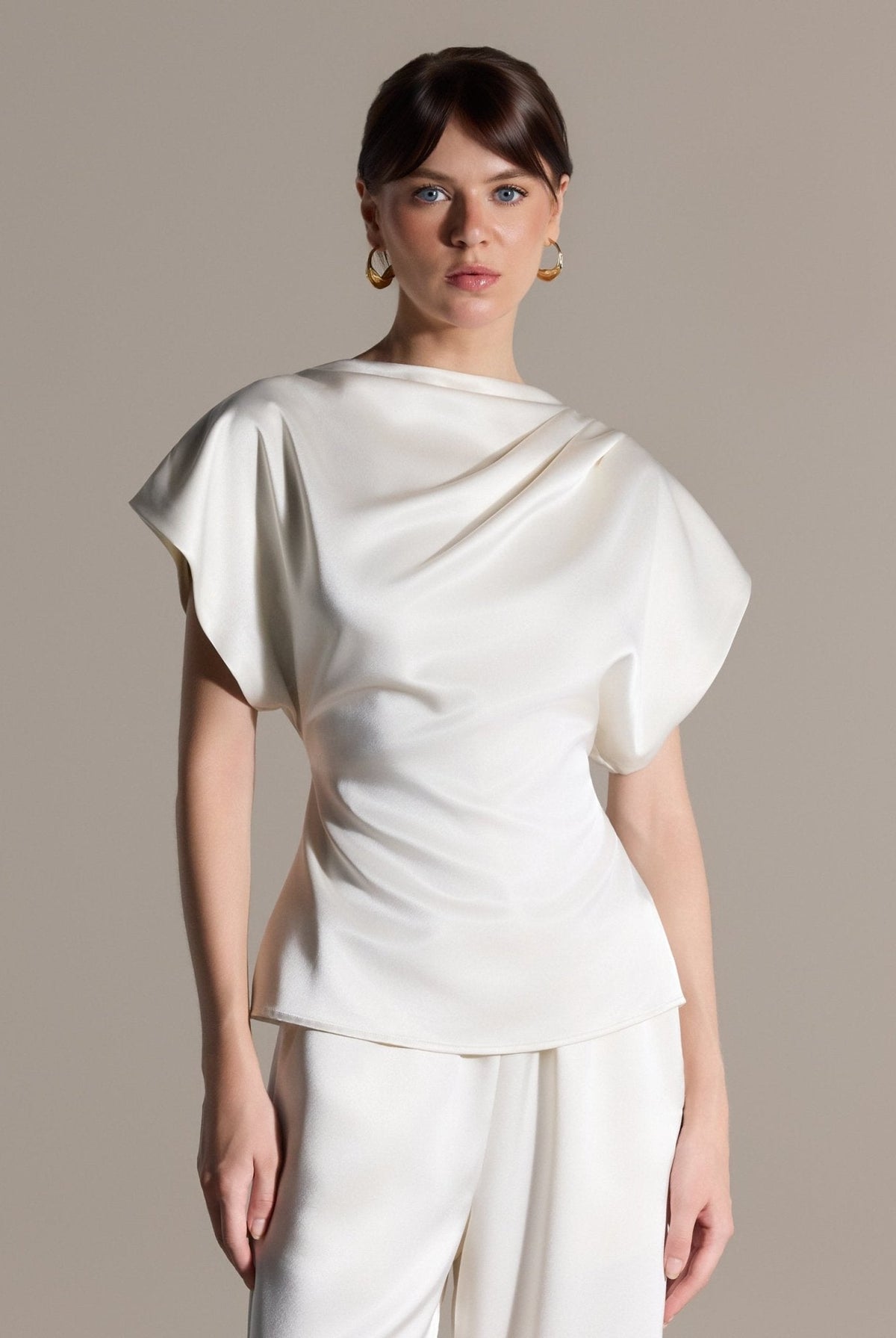 2 Piece Draped Satin Blouse & Wide Leg Pants Set - shopaleena
