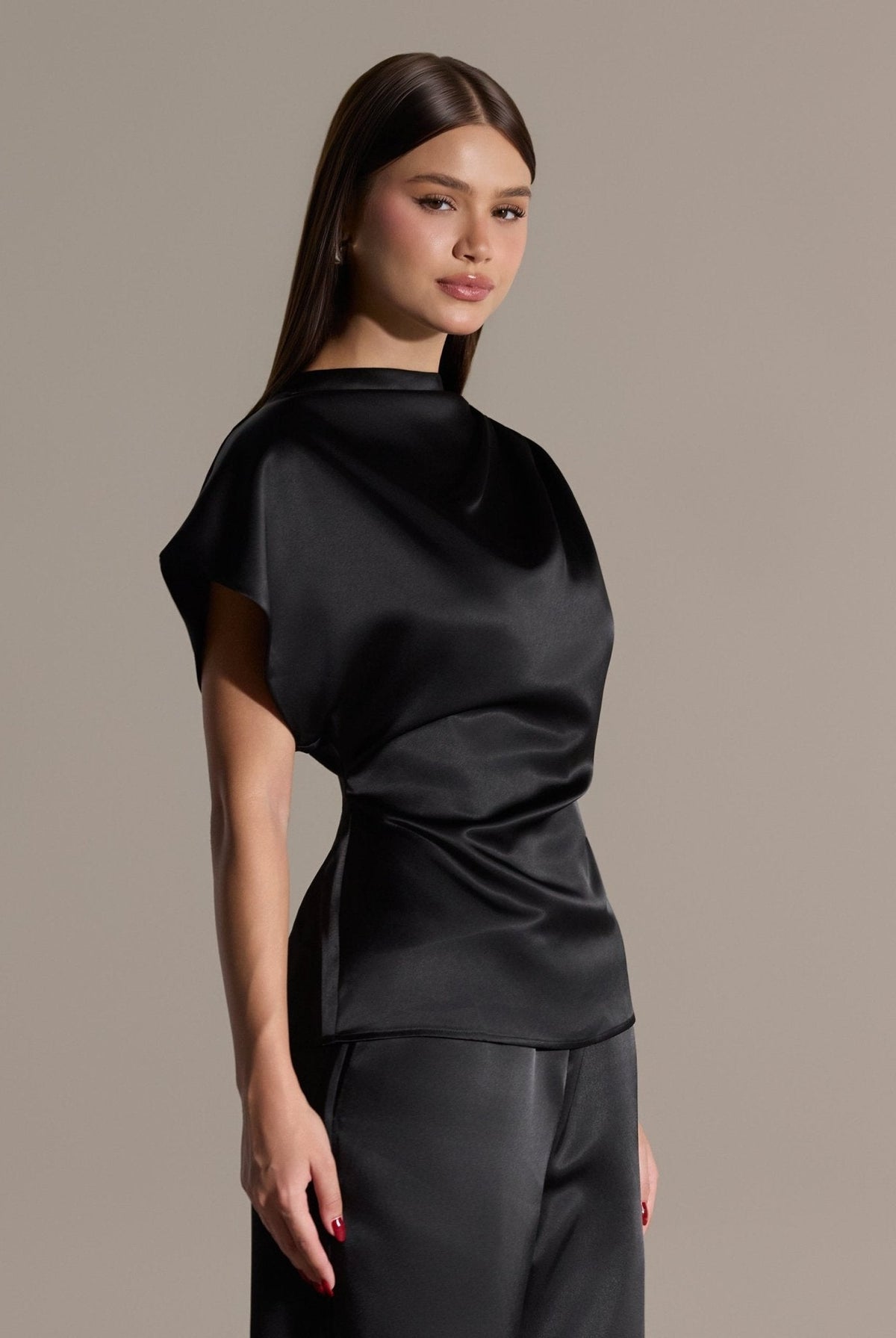 2 Piece Draped Satin Blouse & Wide Leg Pants Set - shopaleena
