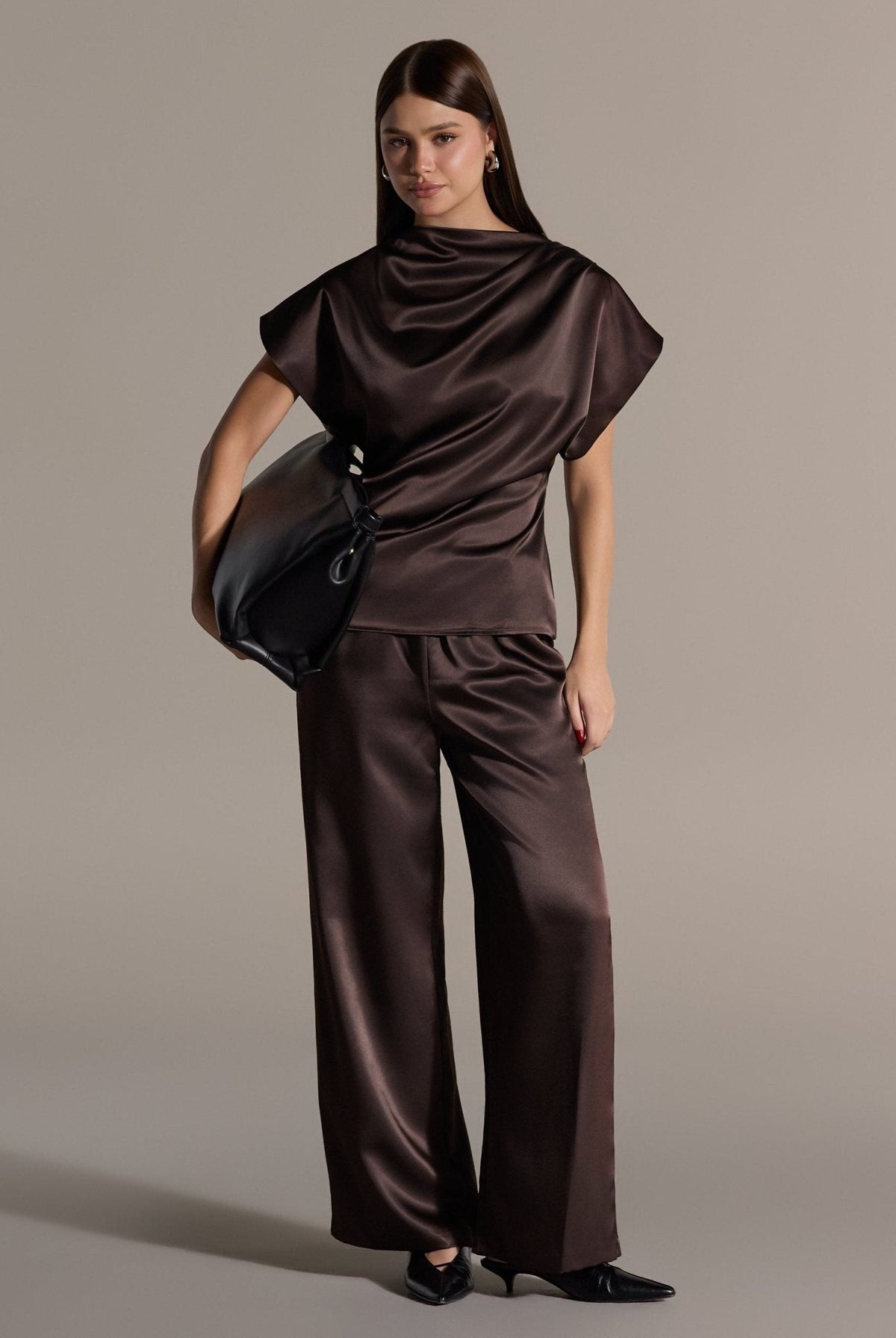 2 Piece Draped Satin Blouse & Wide Leg Pants Set - shopaleena