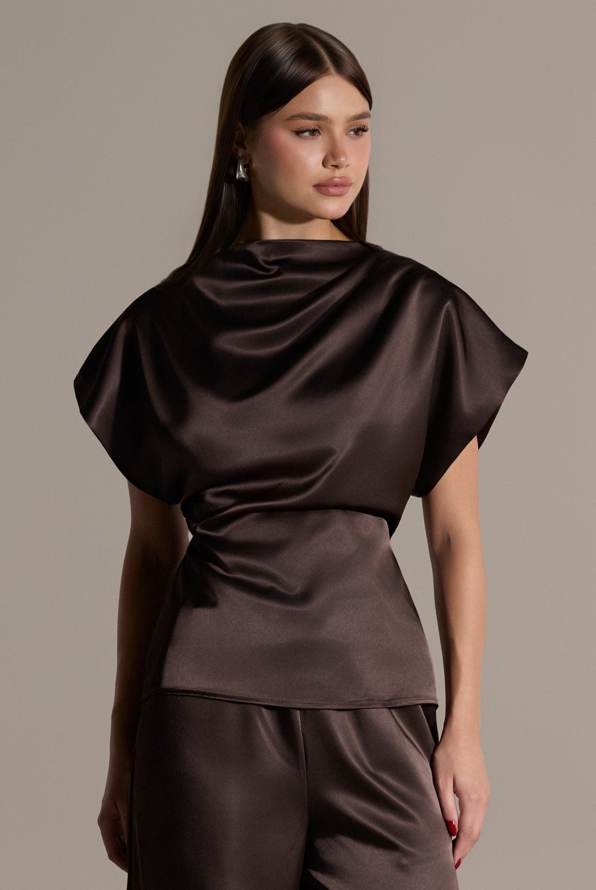2 Piece Draped Satin Blouse & Wide Leg Pants Set - shopaleena