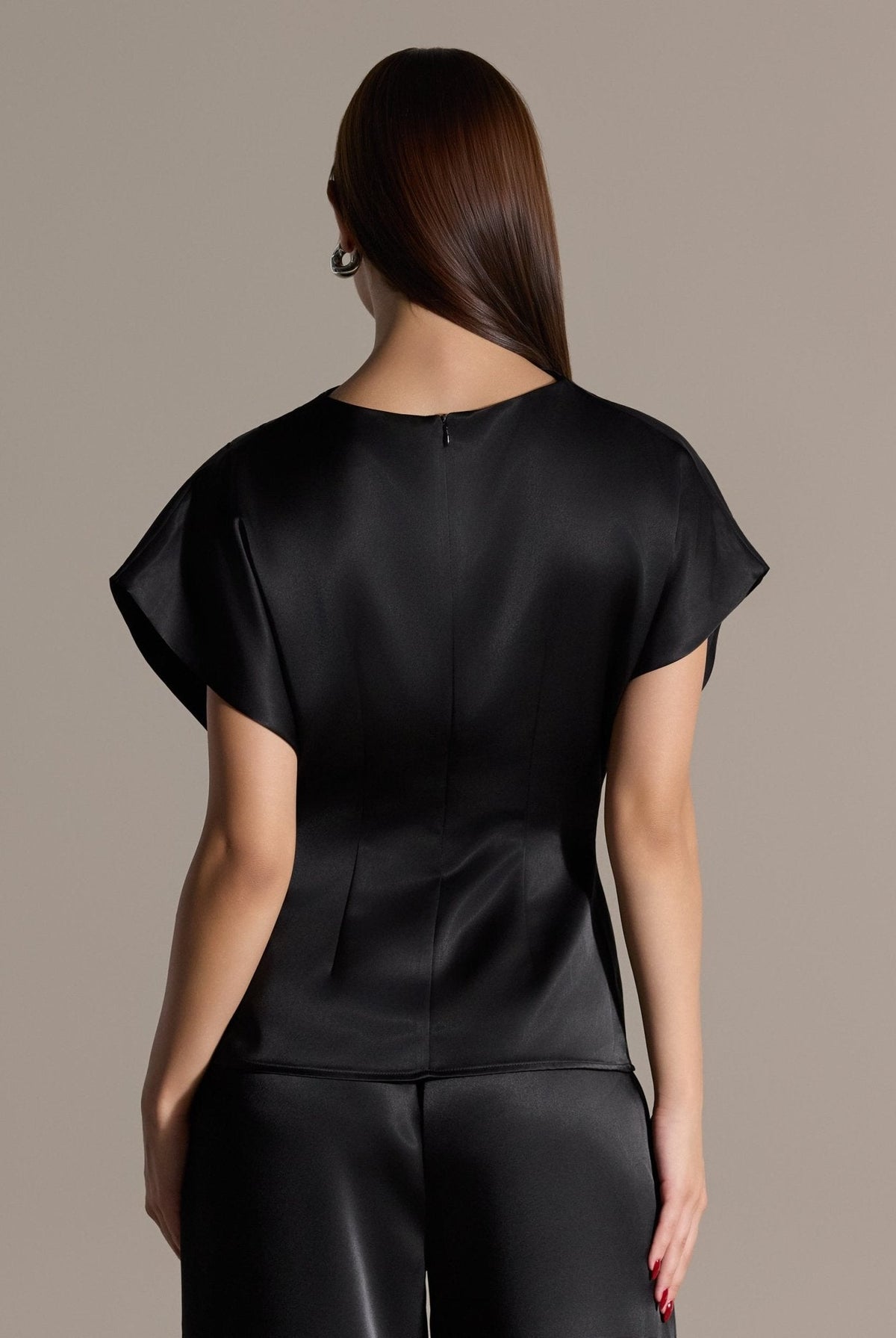 2 Piece Draped Satin Blouse & Wide Leg Pants Set - shopaleena