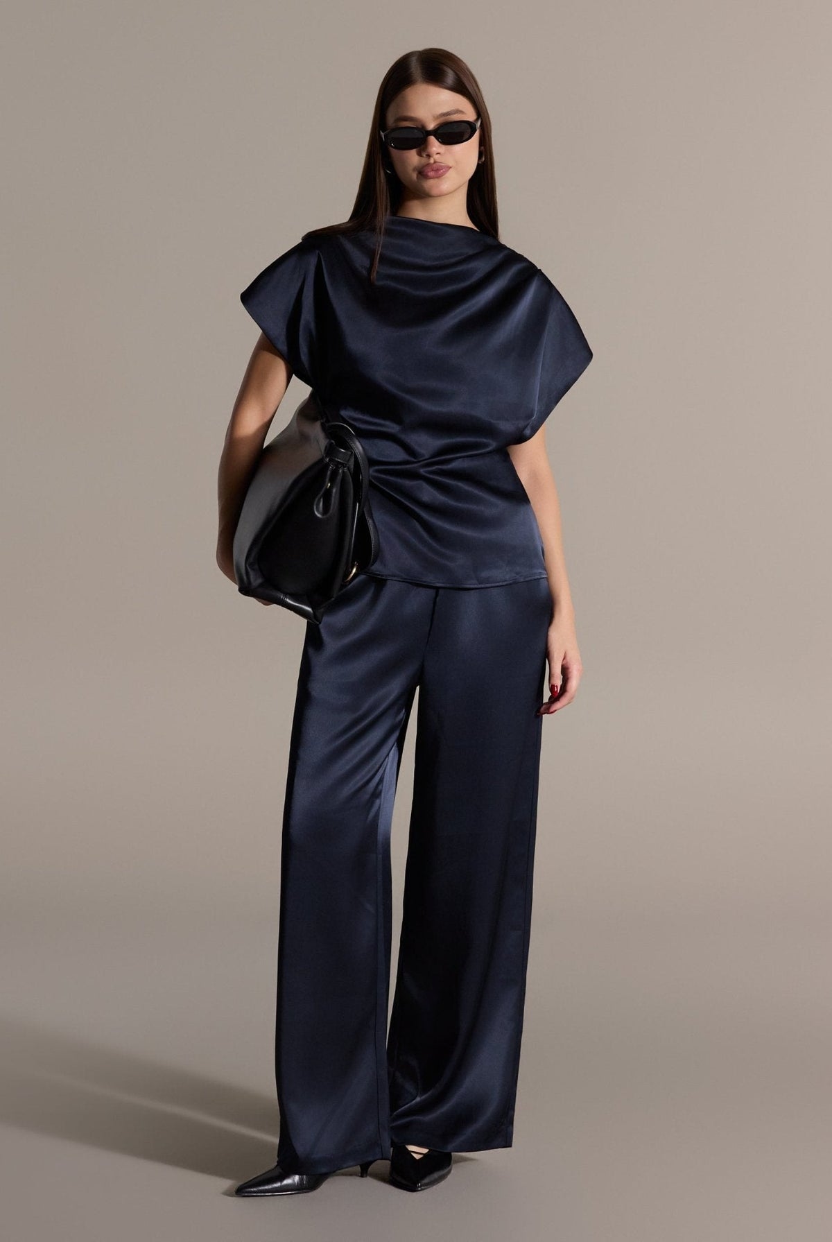 2 Piece Draped Satin Blouse & Wide Leg Pants Set - shopaleena