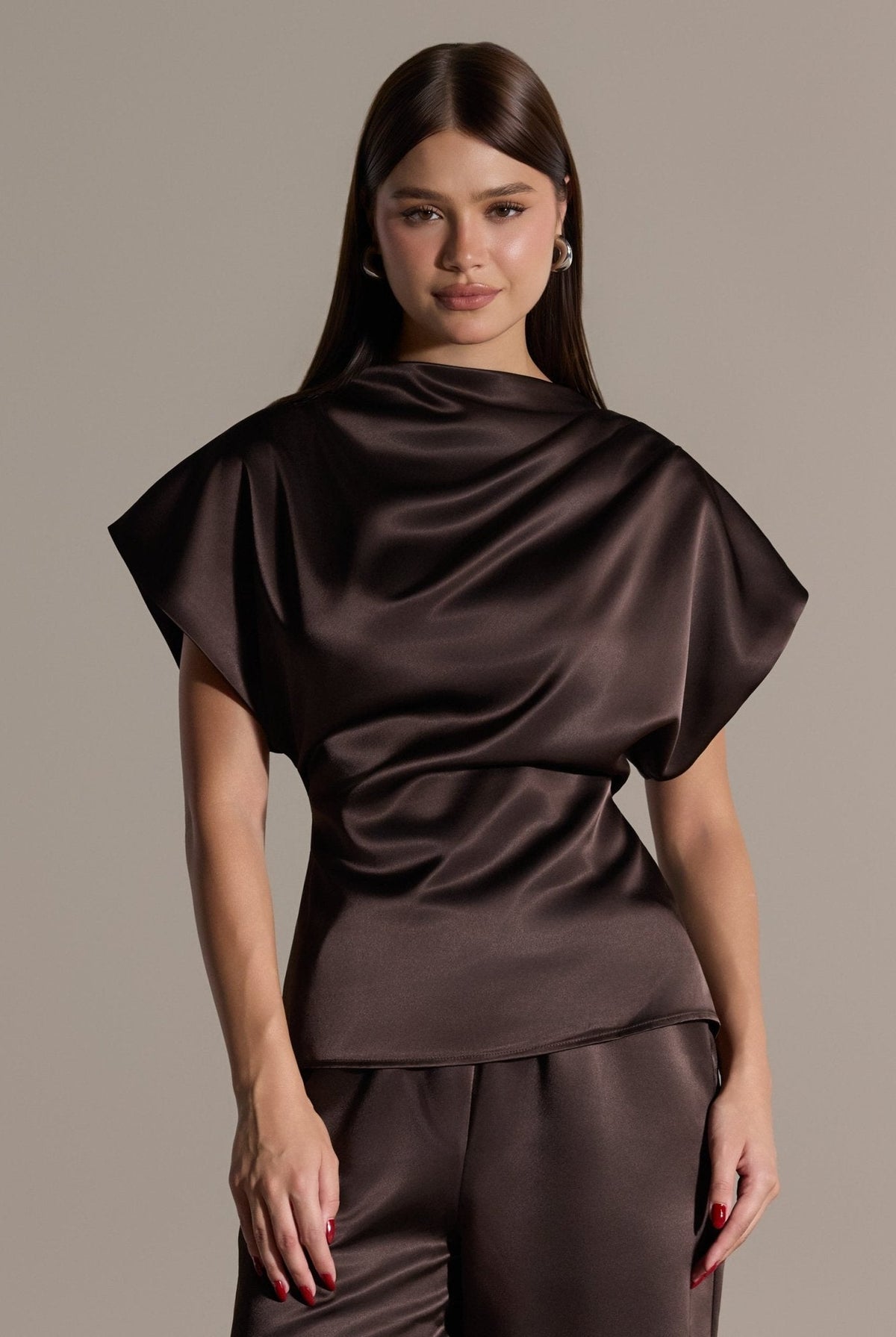 2 Piece Draped Satin Blouse & Wide Leg Pants Set - shopaleena