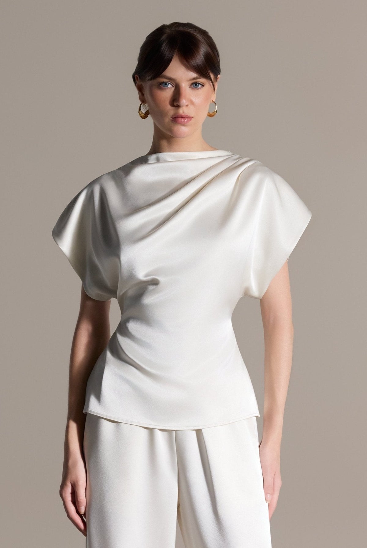 2 Piece Draped Satin Blouse & Wide Leg Pants Set - shopaleena