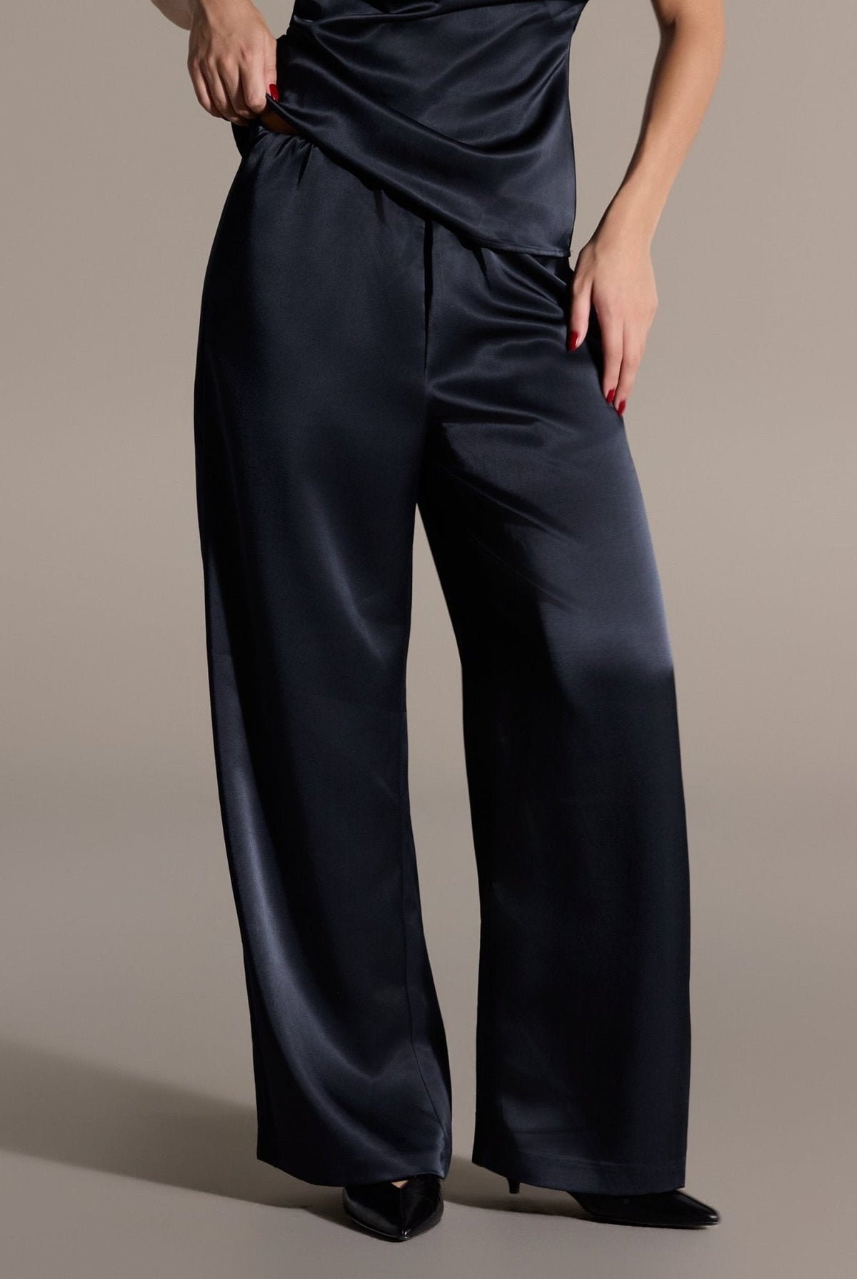 2 Piece Draped Satin Blouse & Wide Leg Pants Set - shopaleena