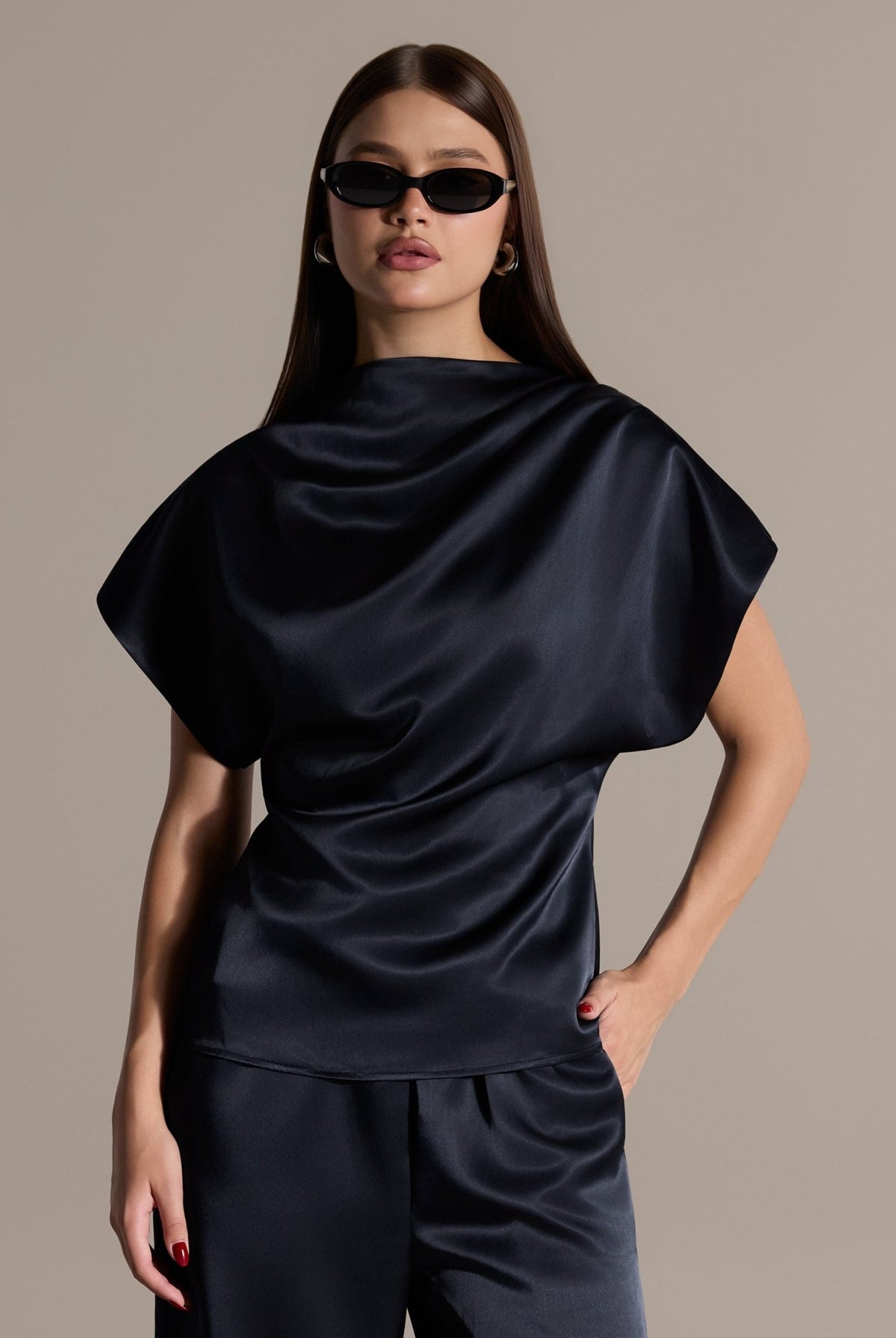 2 Piece Draped Satin Blouse & Wide Leg Pants Set - shopaleena