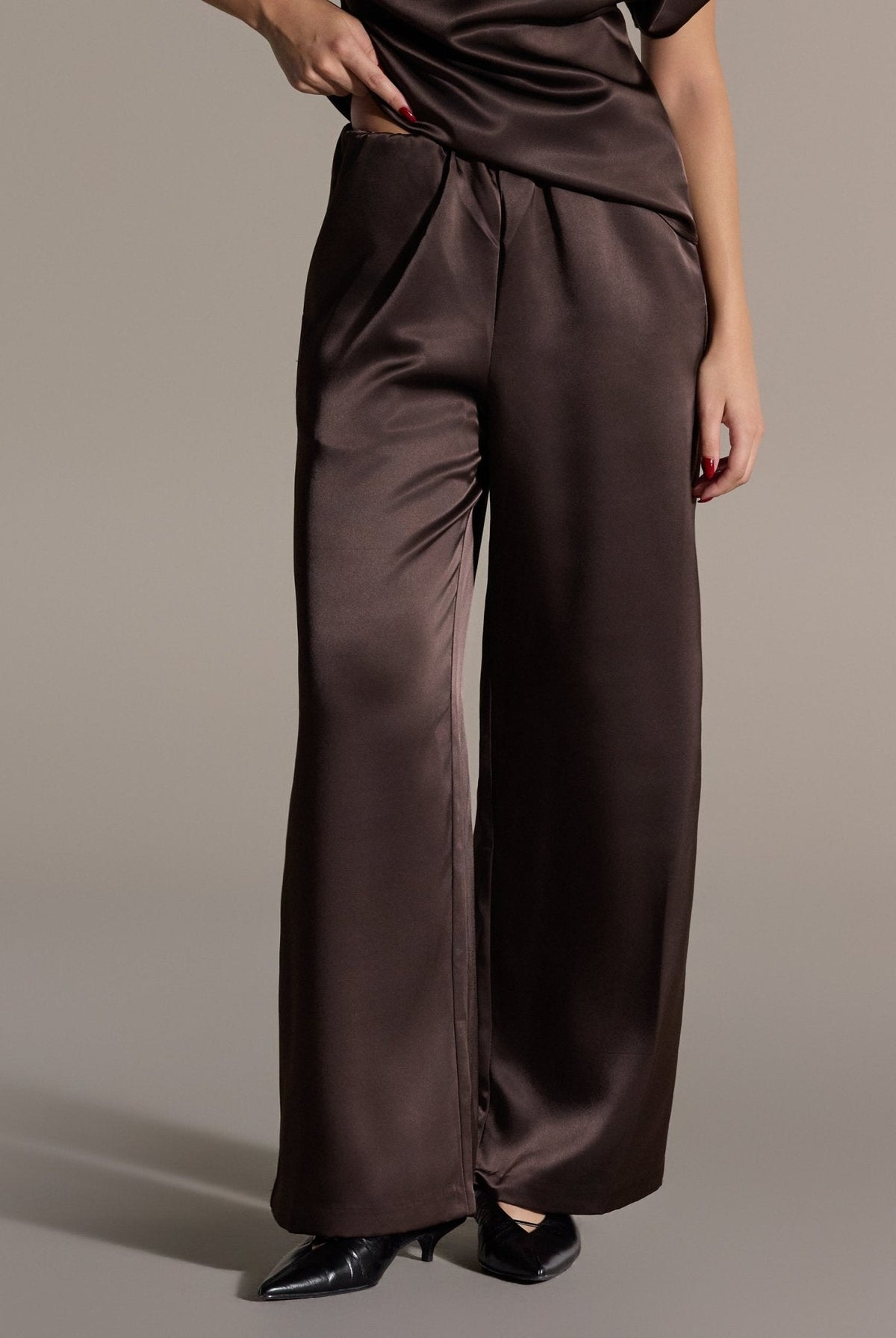 2 Piece Draped Satin Blouse & Wide Leg Pants Set - shopaleena