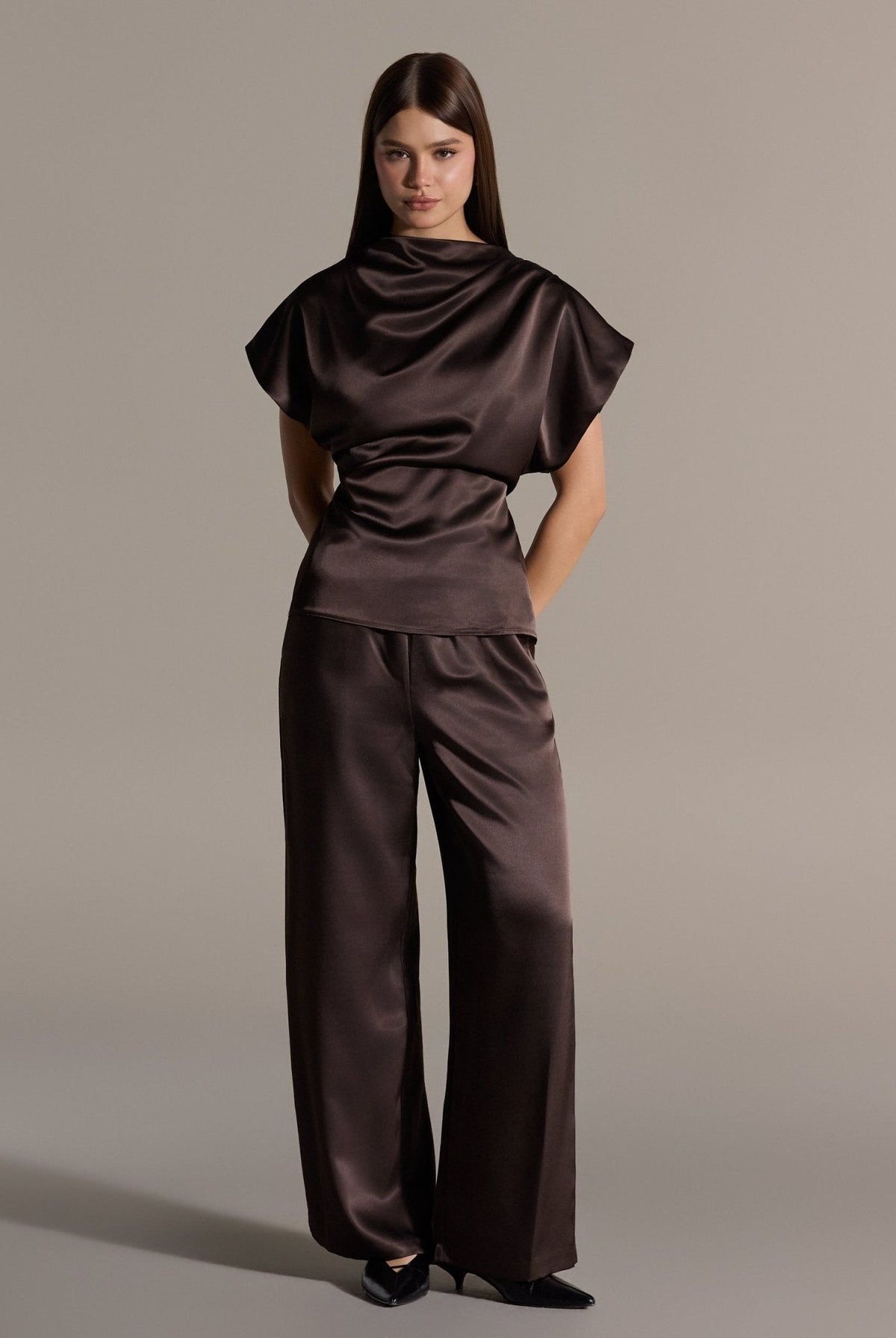 2 Piece Draped Satin Blouse & Wide Leg Pants Set - shopaleena