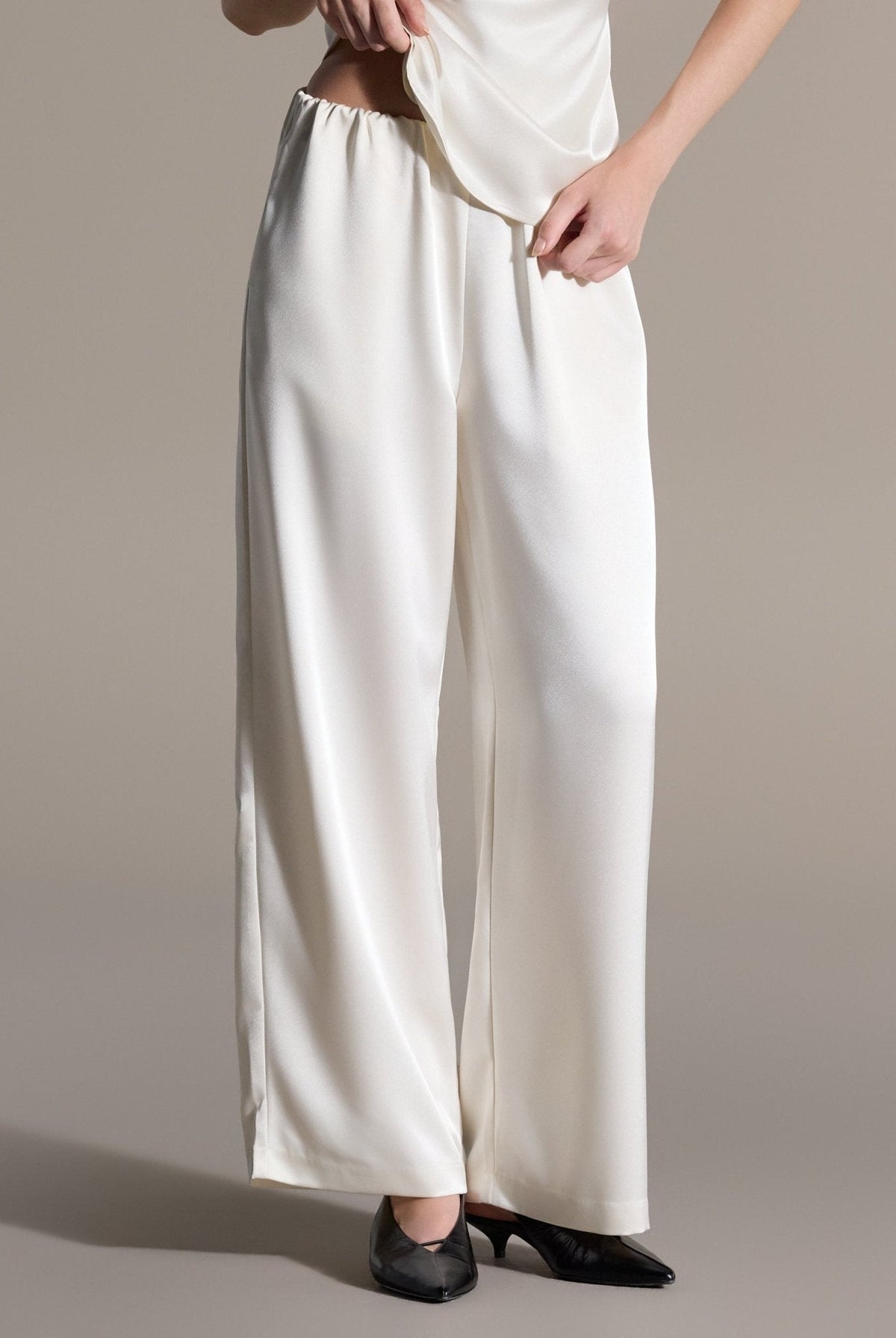 2 Piece Draped Satin Blouse & Wide Leg Pants Set - shopaleena