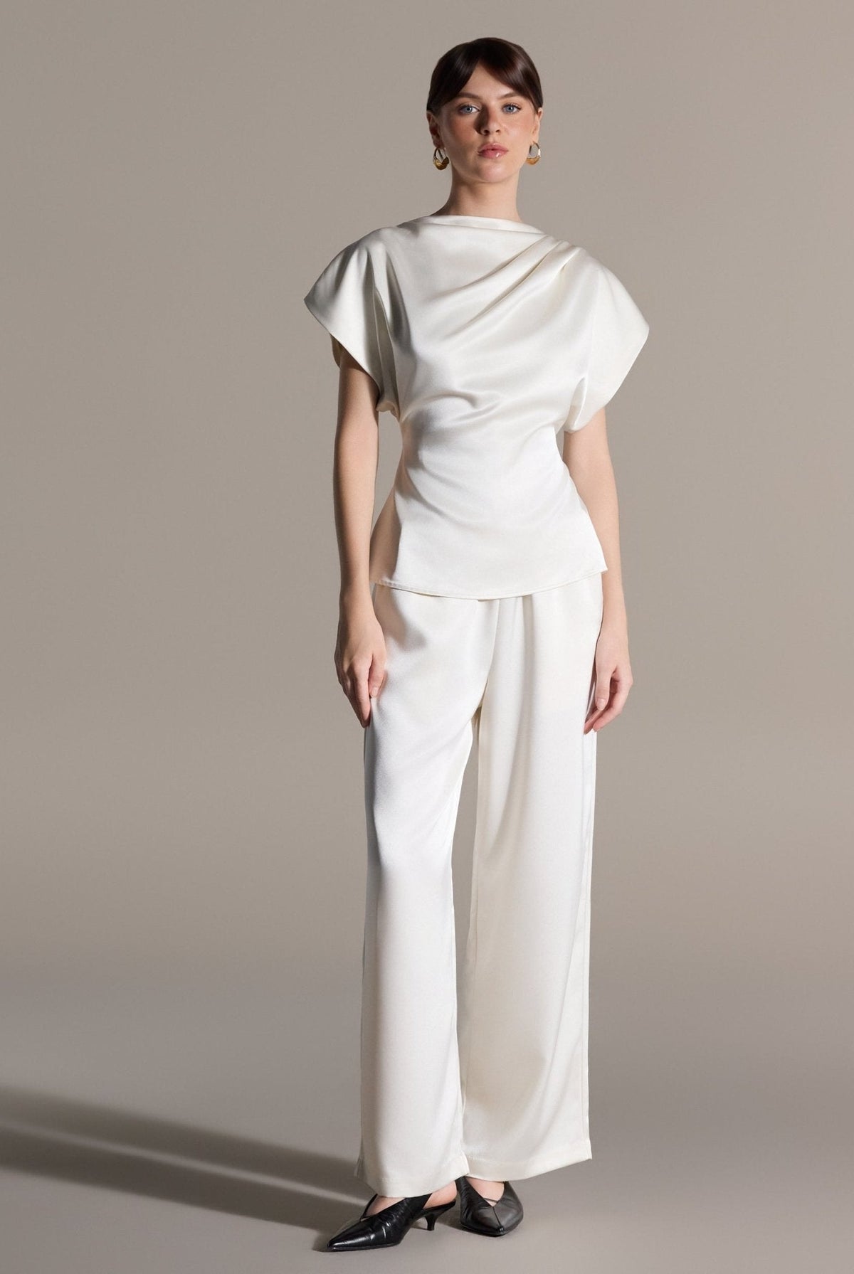 2 Piece Draped Satin Blouse & Wide Leg Pants Set - shopaleena