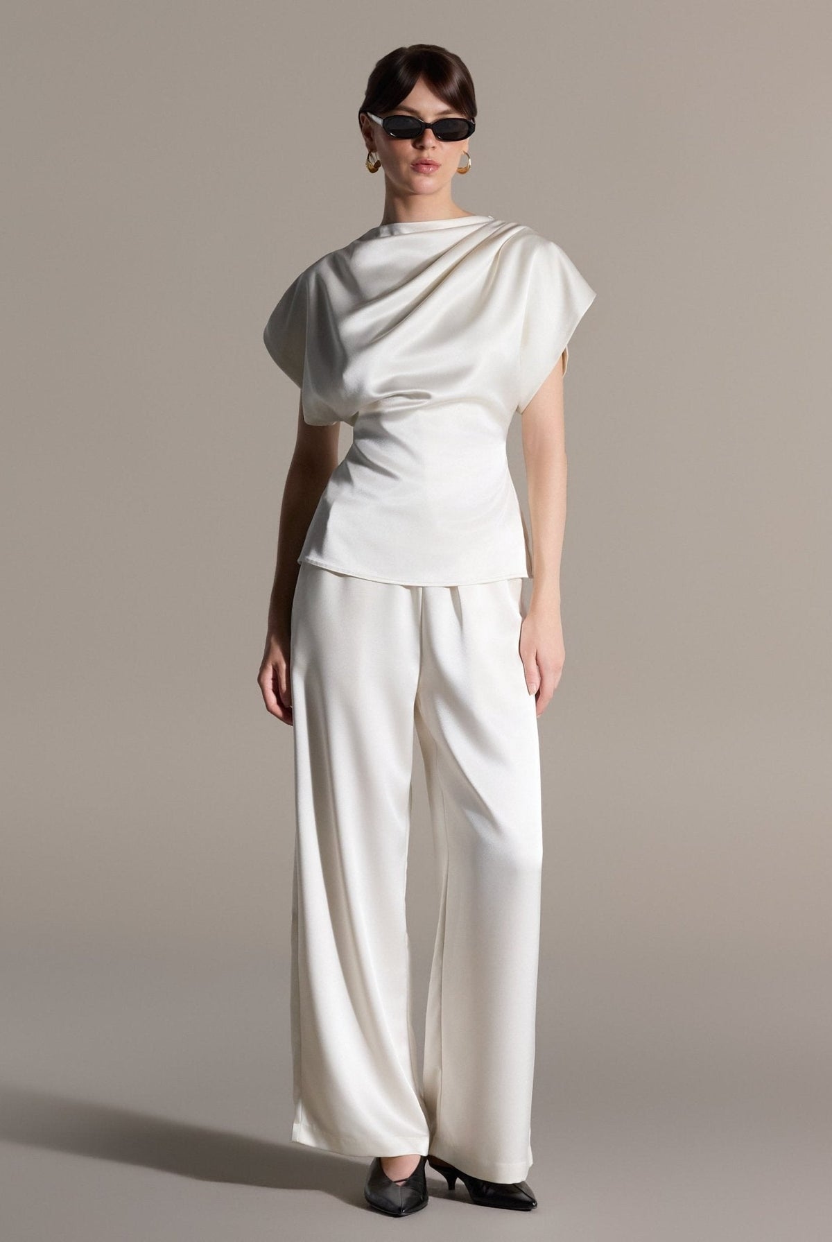 2 Piece Draped Satin Blouse & Wide Leg Pants Set - shopaleena