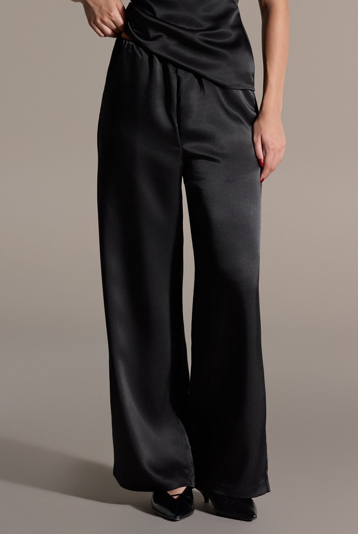 2 Piece Draped Satin Blouse & Wide Leg Pants Set - shopaleena