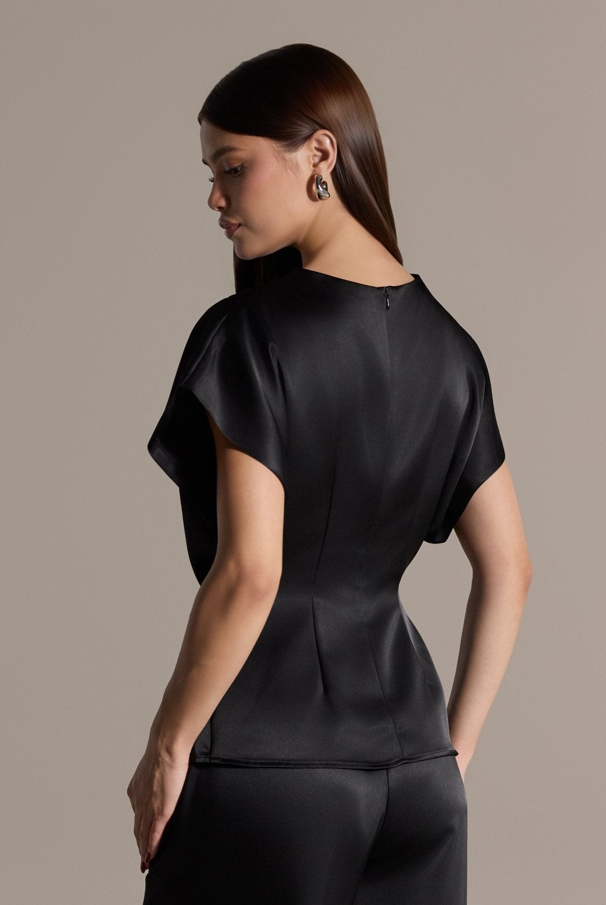 2 Piece Draped Satin Blouse & Wide Leg Pants Set - shopaleena