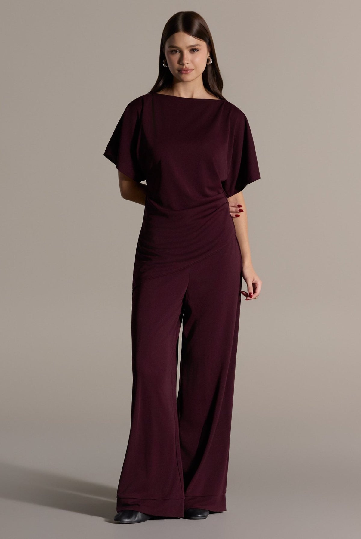 2 Piece Set Burgundy Draped Top & Wide Leg Pants - shopaleena