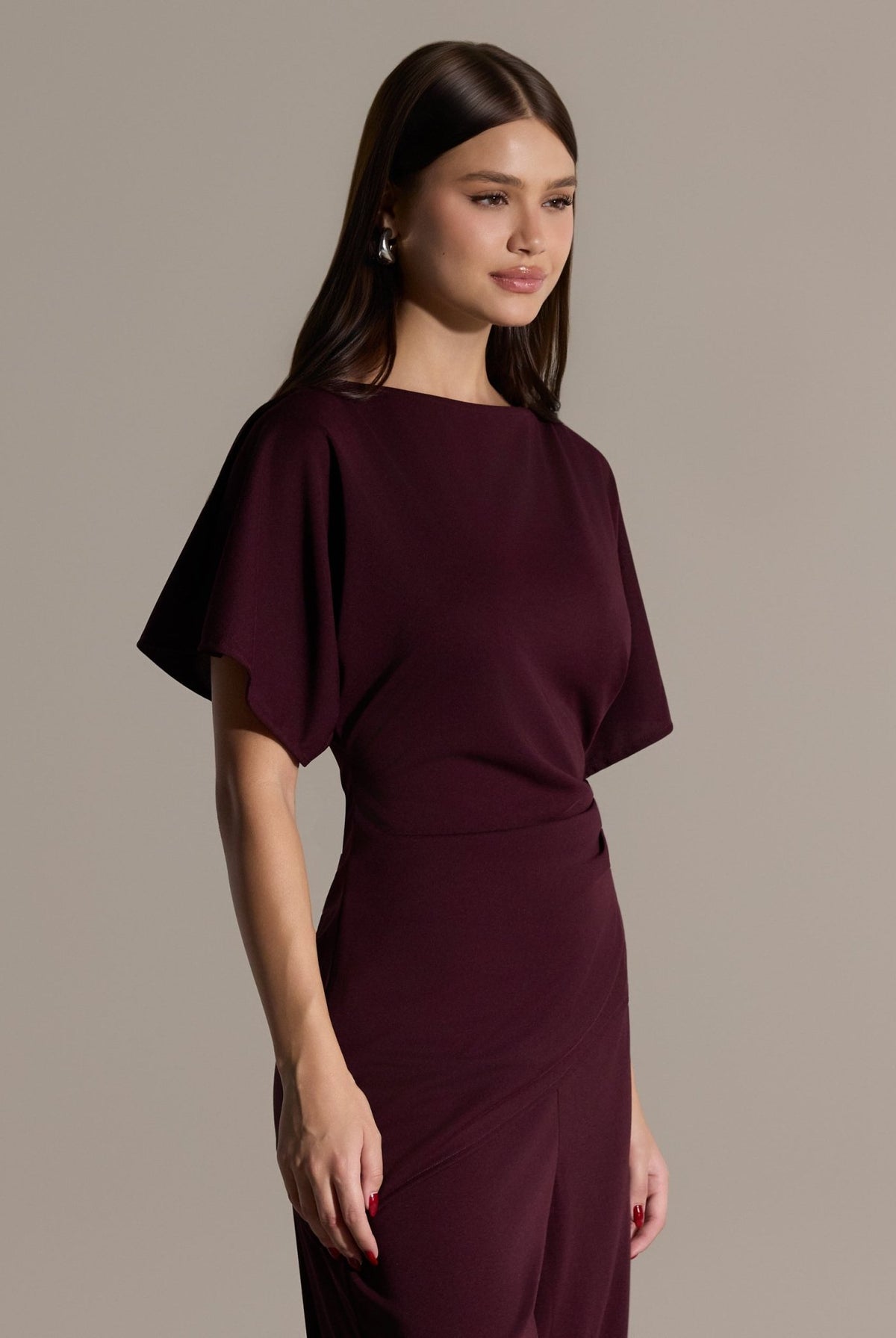 2 Piece Set Burgundy Draped Top & Wide Leg Pants - shopaleena
