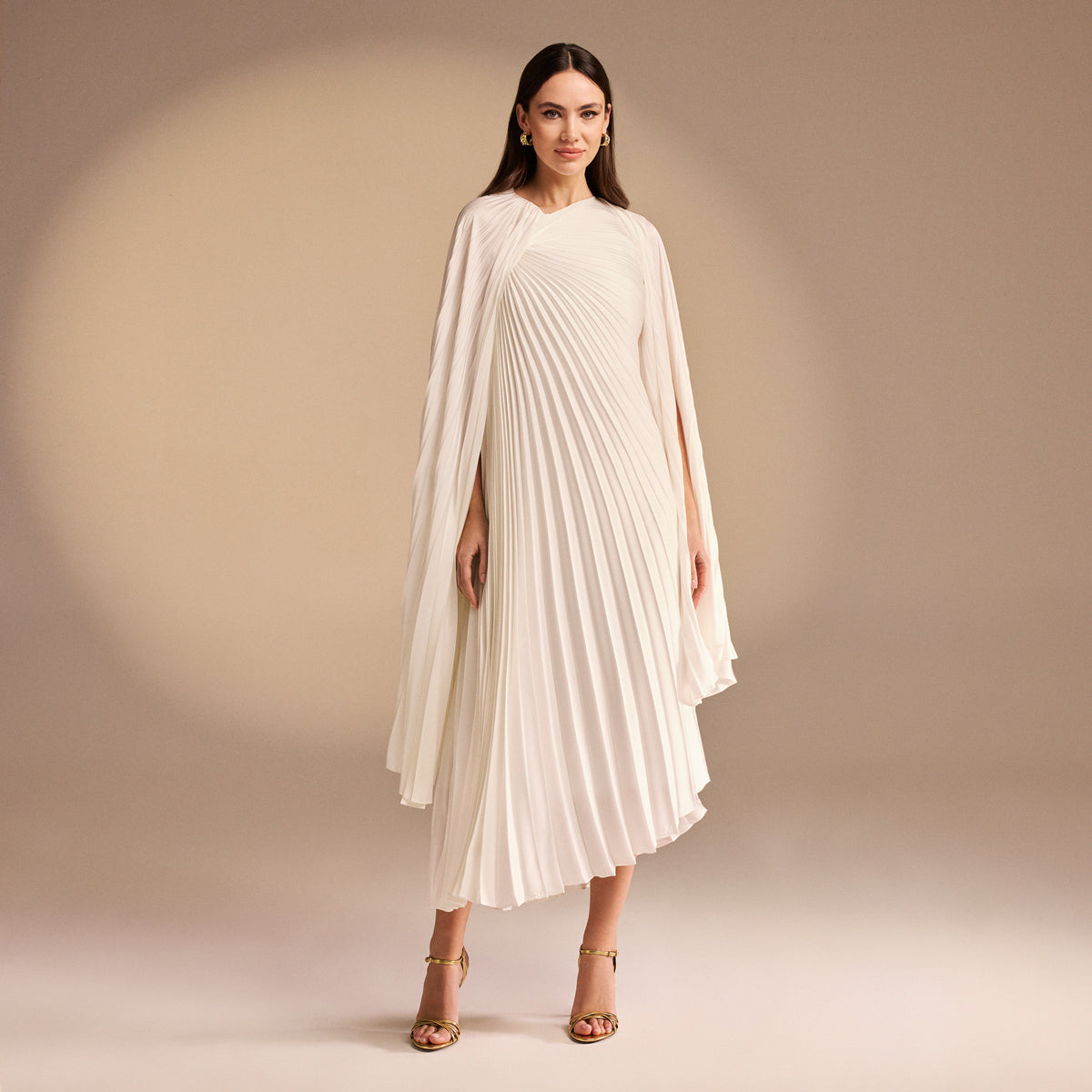 l idée eiffel cape pleated maxi dress Ivory Cape Pleated Satin Midi Dress – shopaleena
