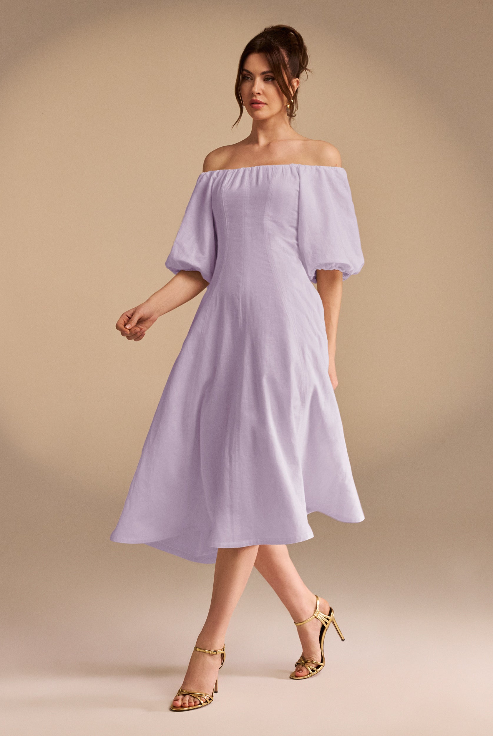 فستان متوسط الطول كتان مخلوط مكشوف الكتفين بأكمام منفوخة - shopaleena