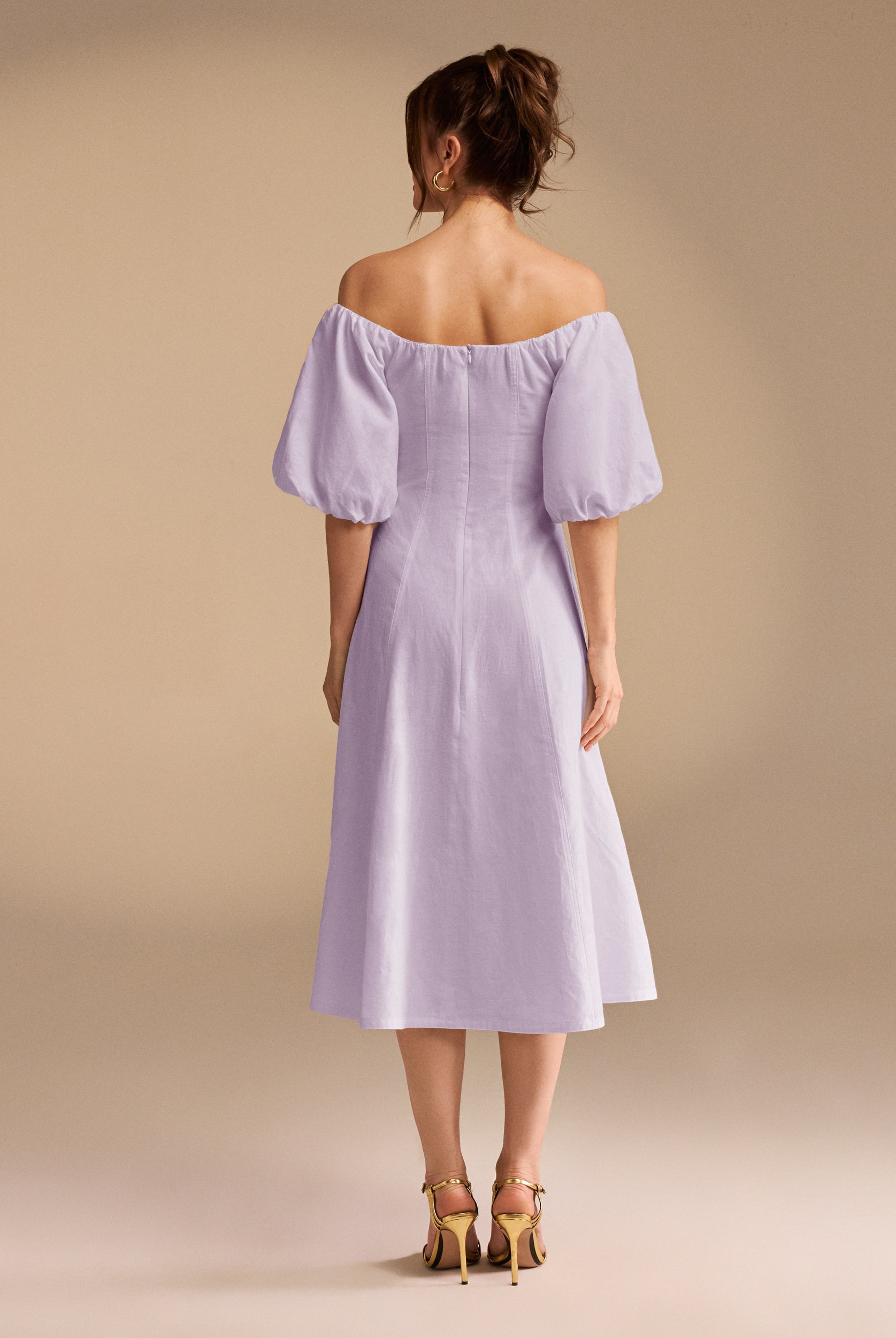 Off-Shoulder Balloon Sleeve Linen Blend Midi Dress - shopaleena