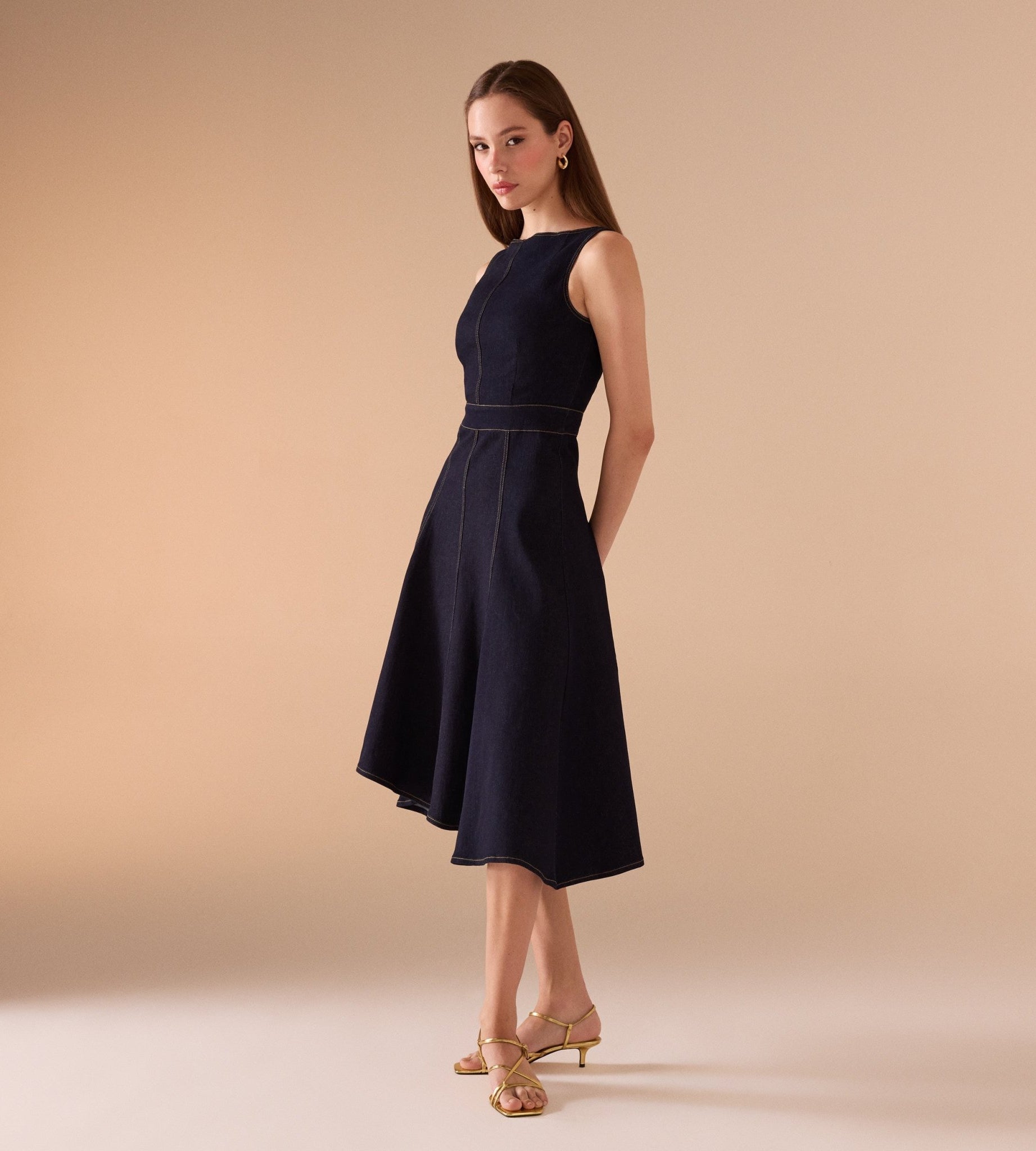 A - line Sleeveless Denim Midi Dress - shopaleena