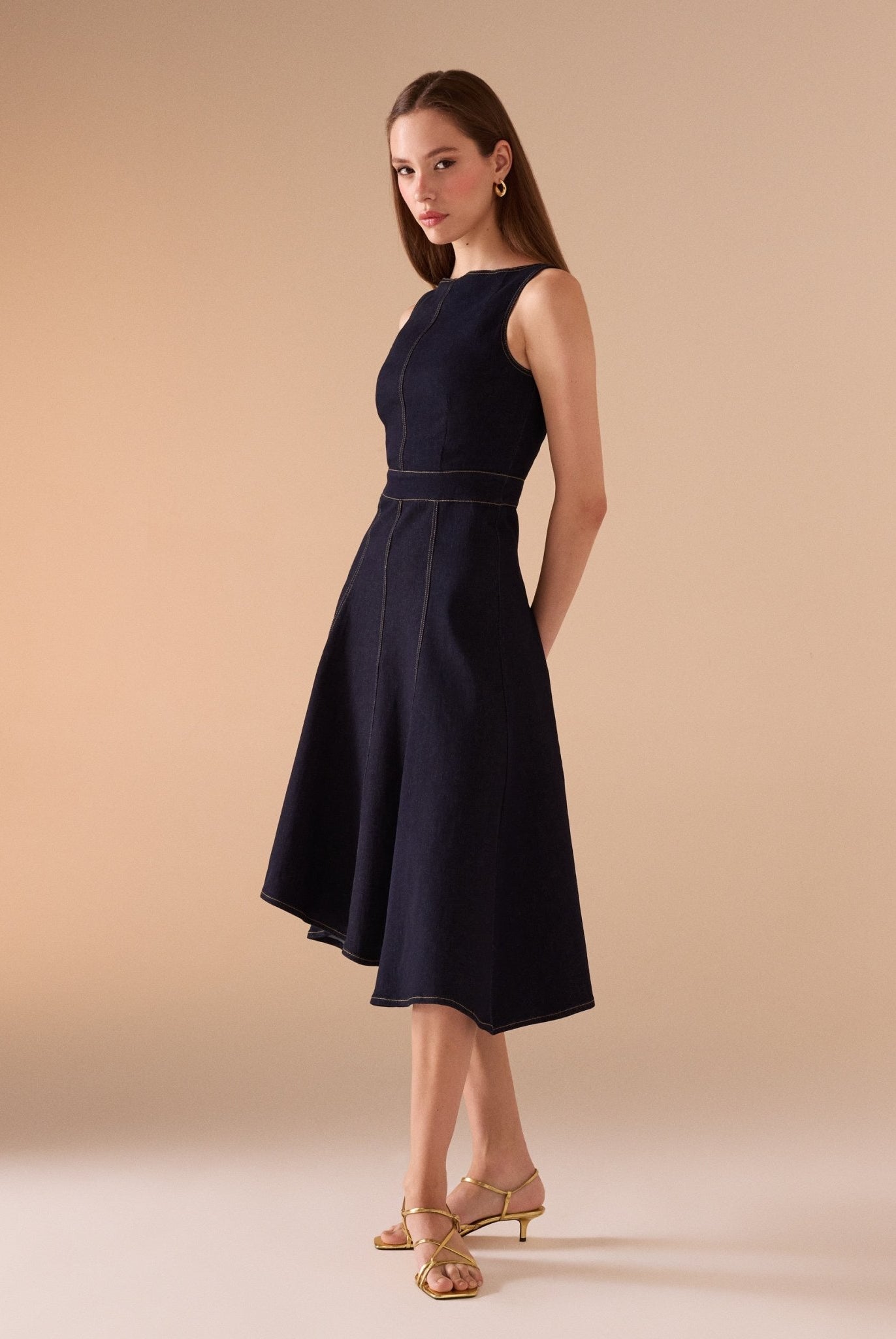 A - line Sleeveless Denim Midi Dress - shopaleena