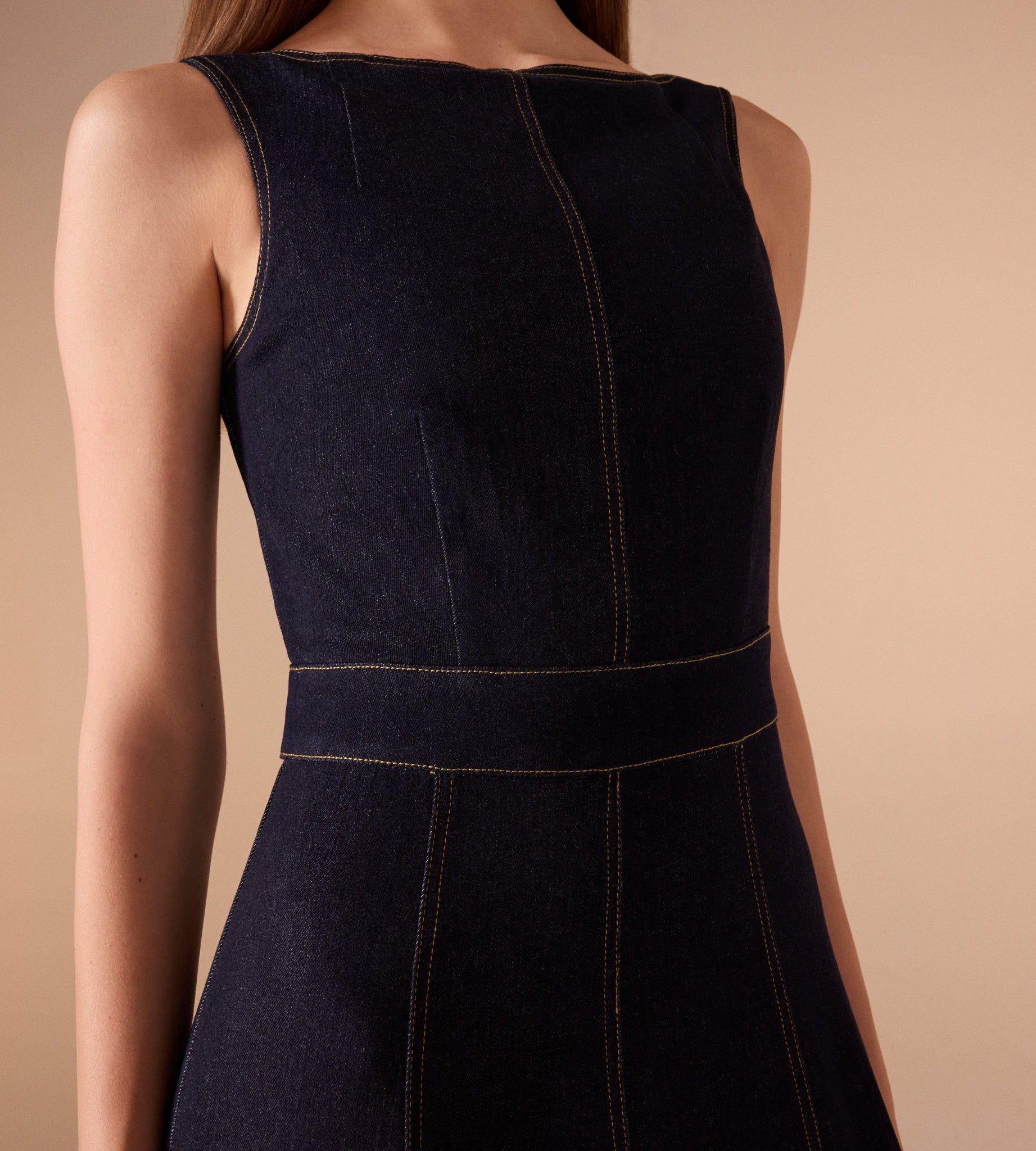 A - line Sleeveless Denim Midi Dress - shopaleena