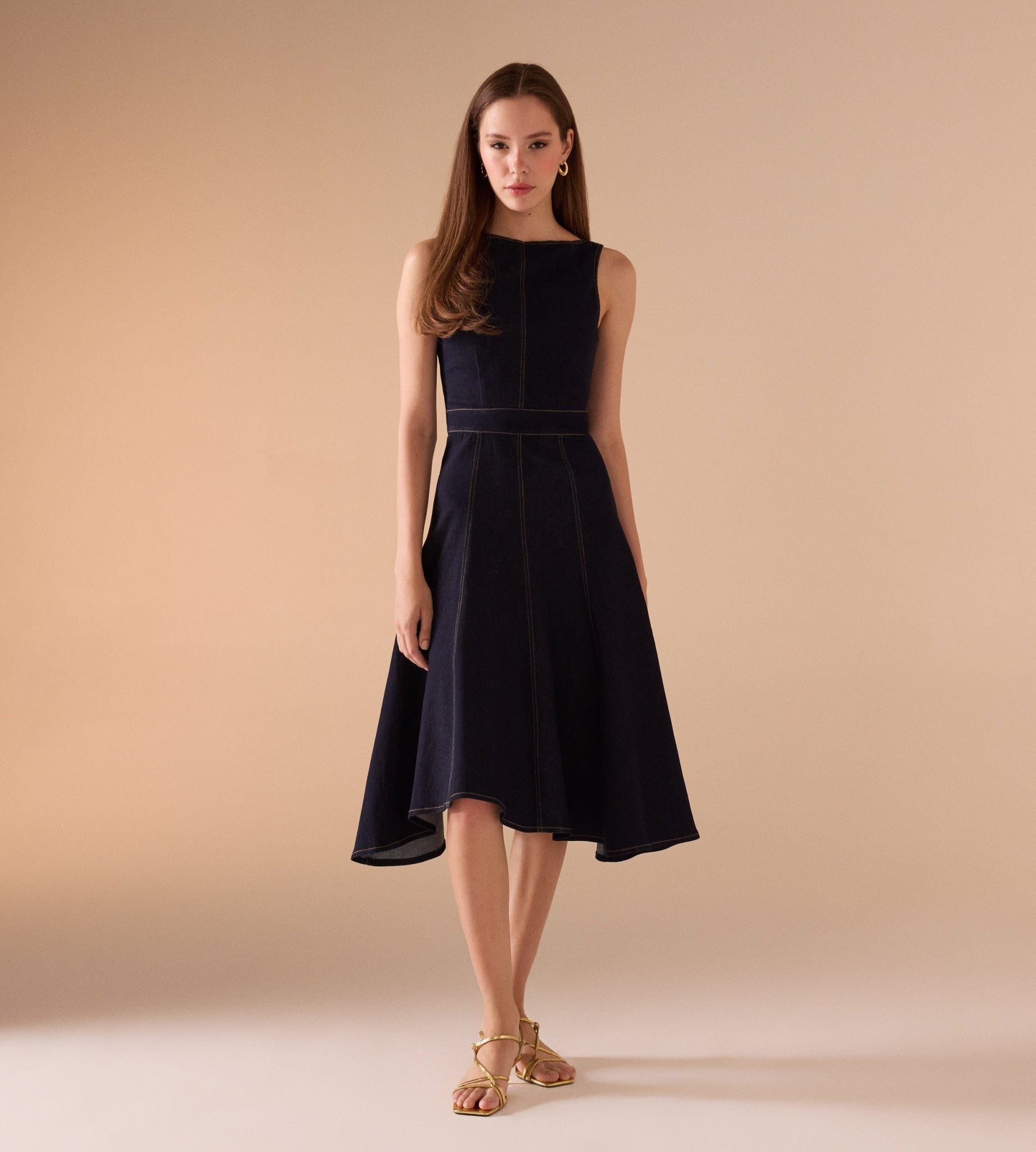 A - line Sleeveless Denim Midi Dress - shopaleena