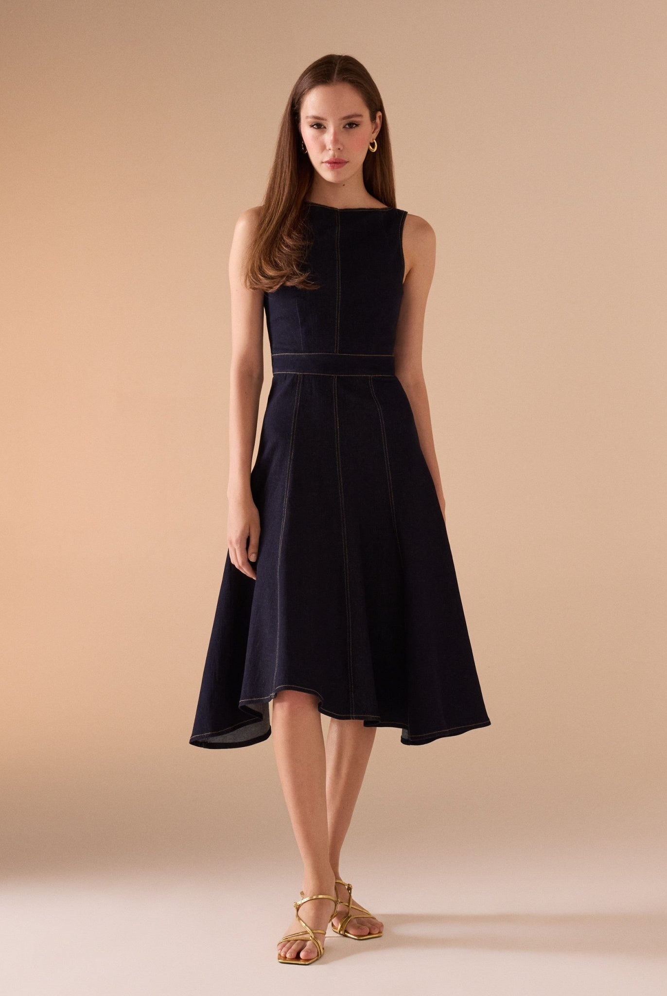 A - line Sleeveless Denim Midi Dress - shopaleena