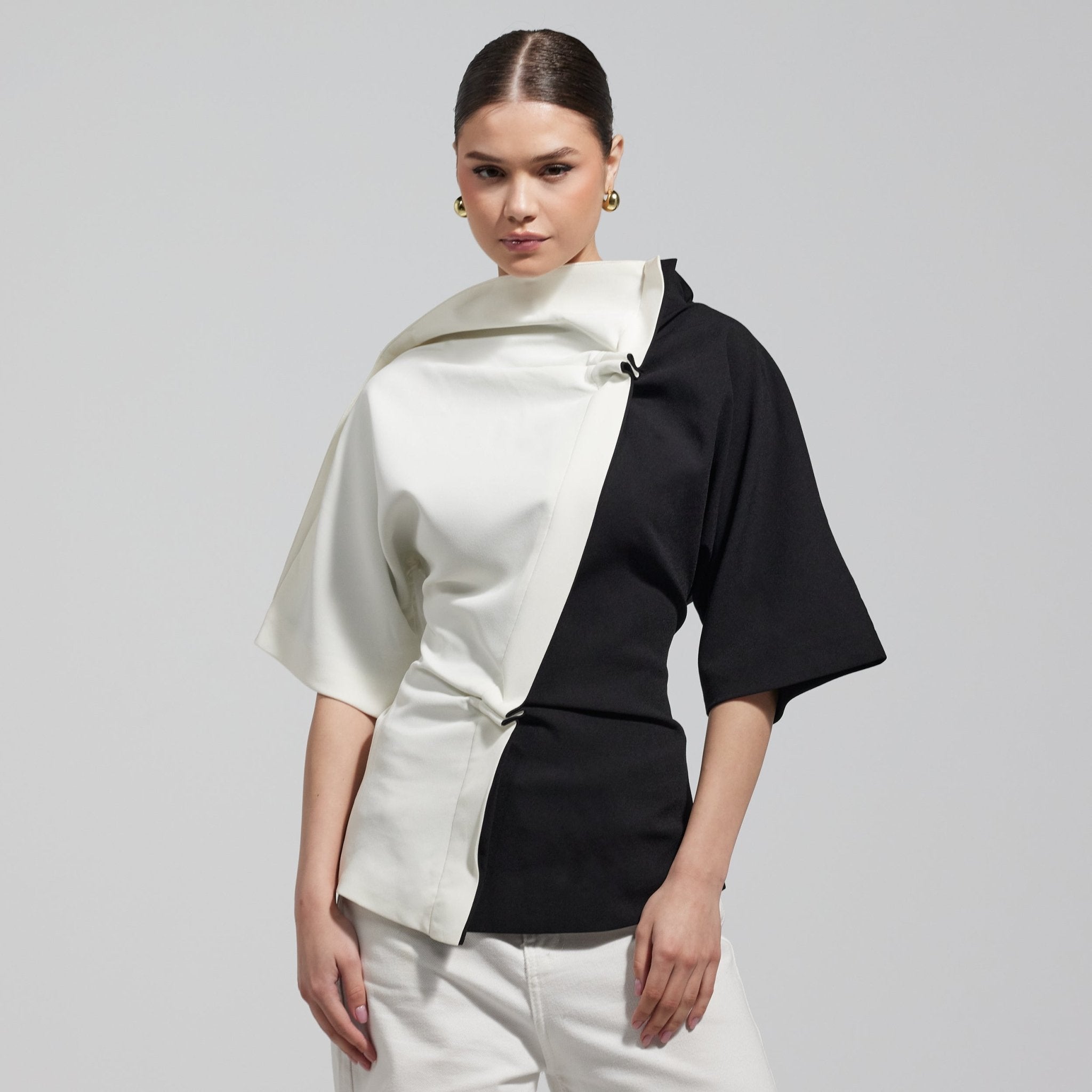 Asymmetric Black & White Blouse - shopaleena
