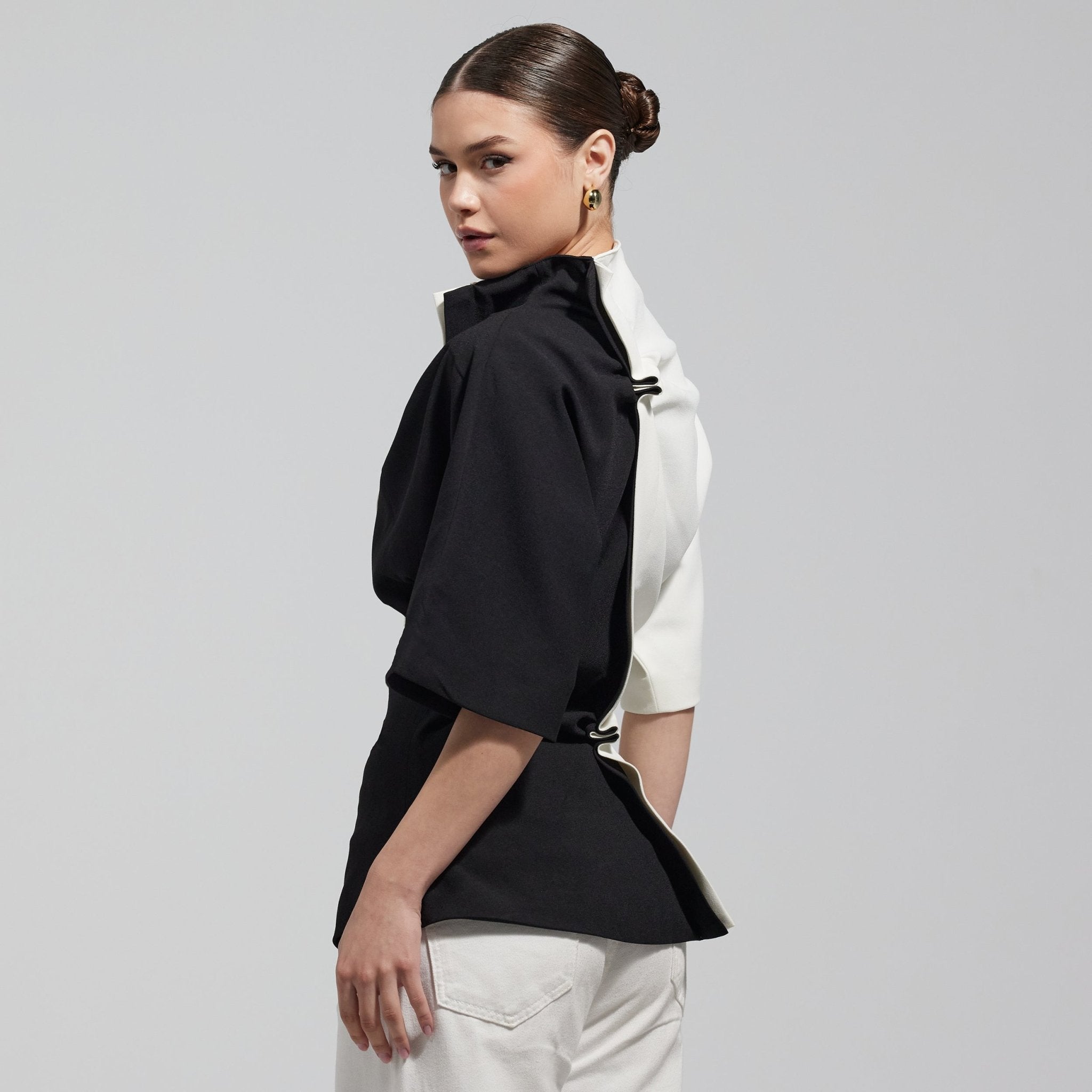 Asymmetric Black & White Blouse - shopaleena