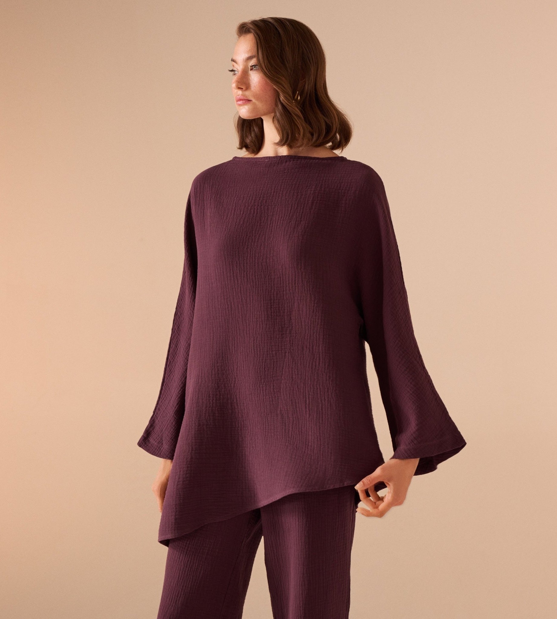 بلوزة قطن بأكمام طويلة وقصة غير متساوية - shopaleena
