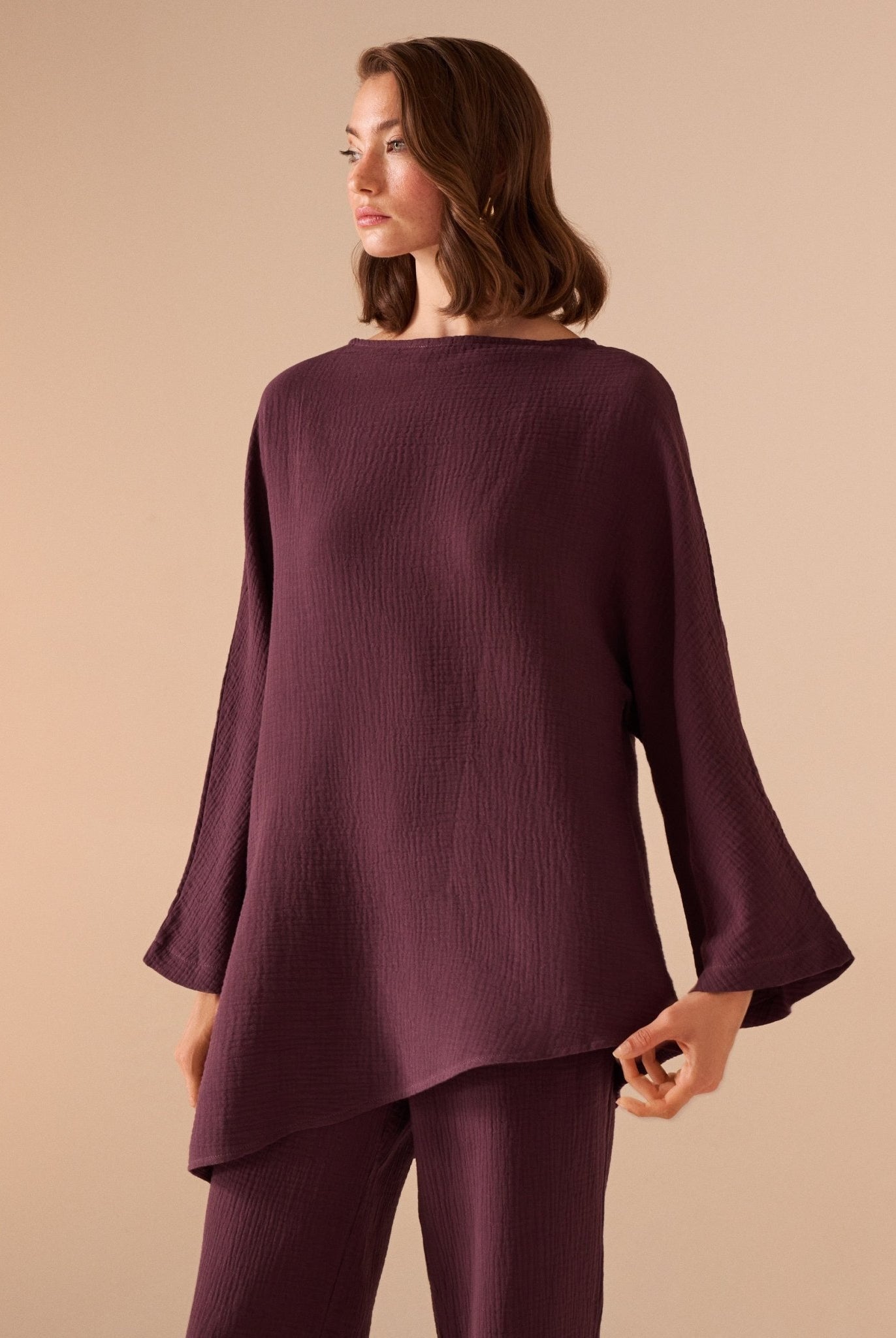 بلوزة قطن بأكمام طويلة وقصة غير متساوية - shopaleena