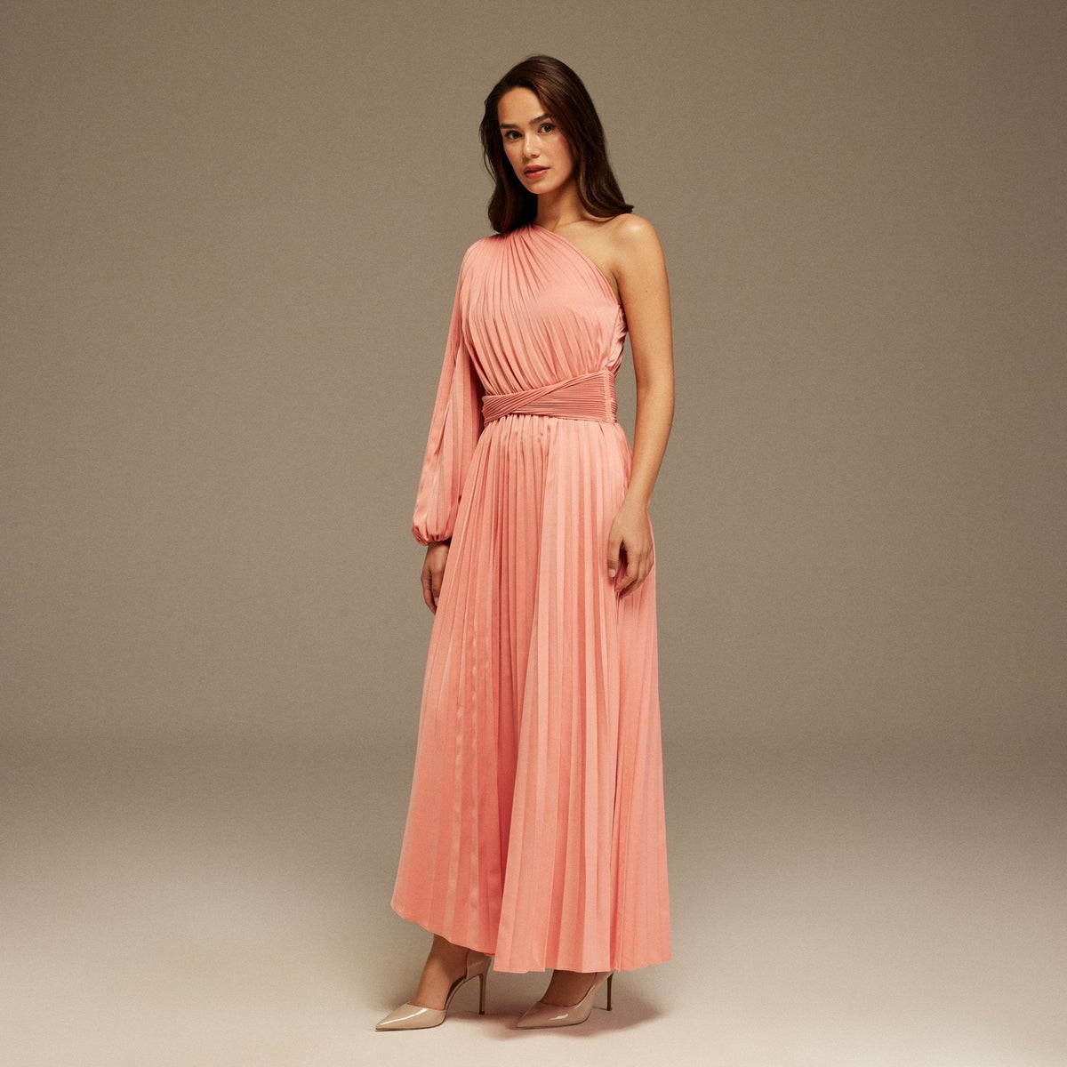 Asymmetric One Sleeve Pleated Long Dress - shopaleena