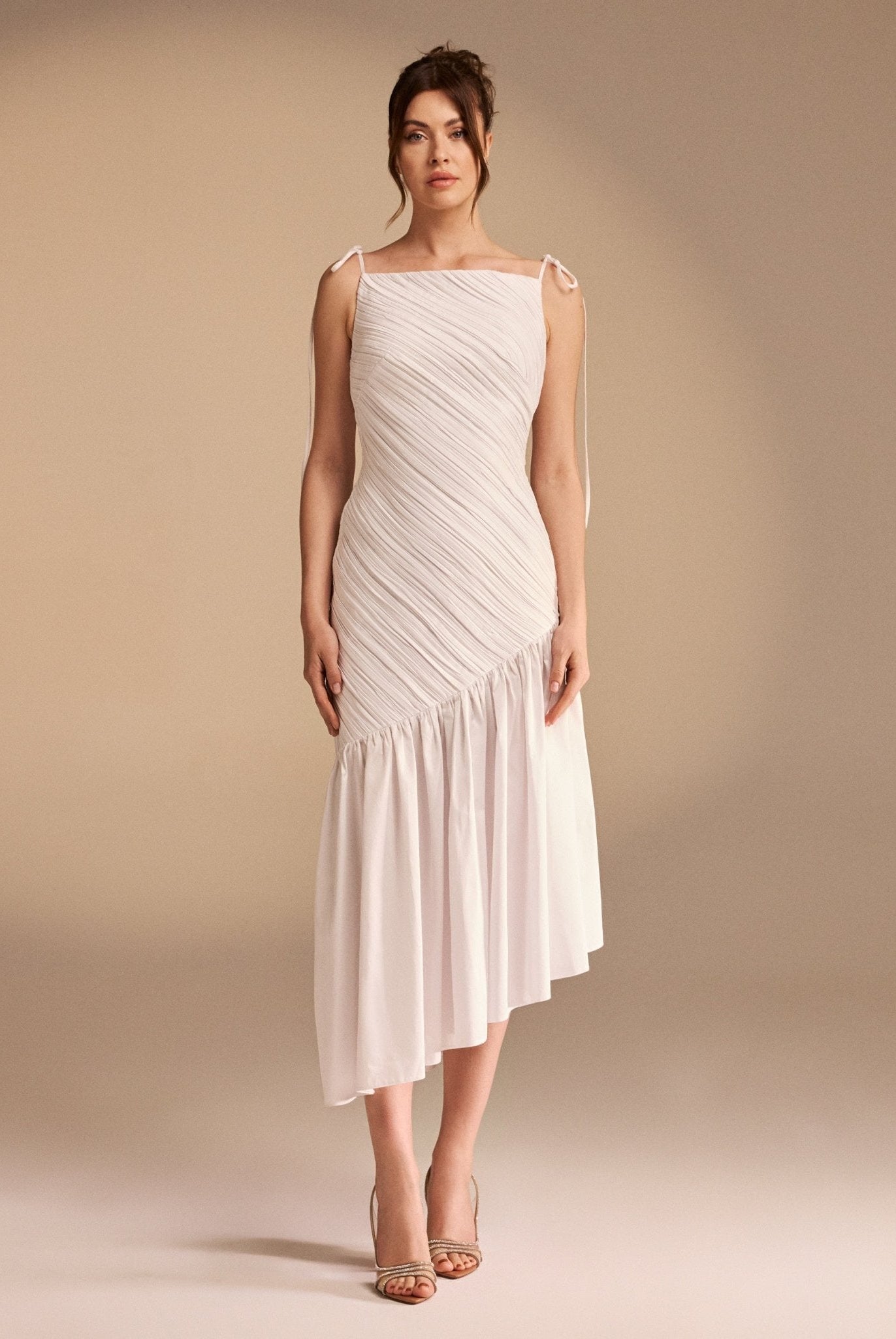 فستان ميدي بطيات وقصة غير متماثلة - shopaleena