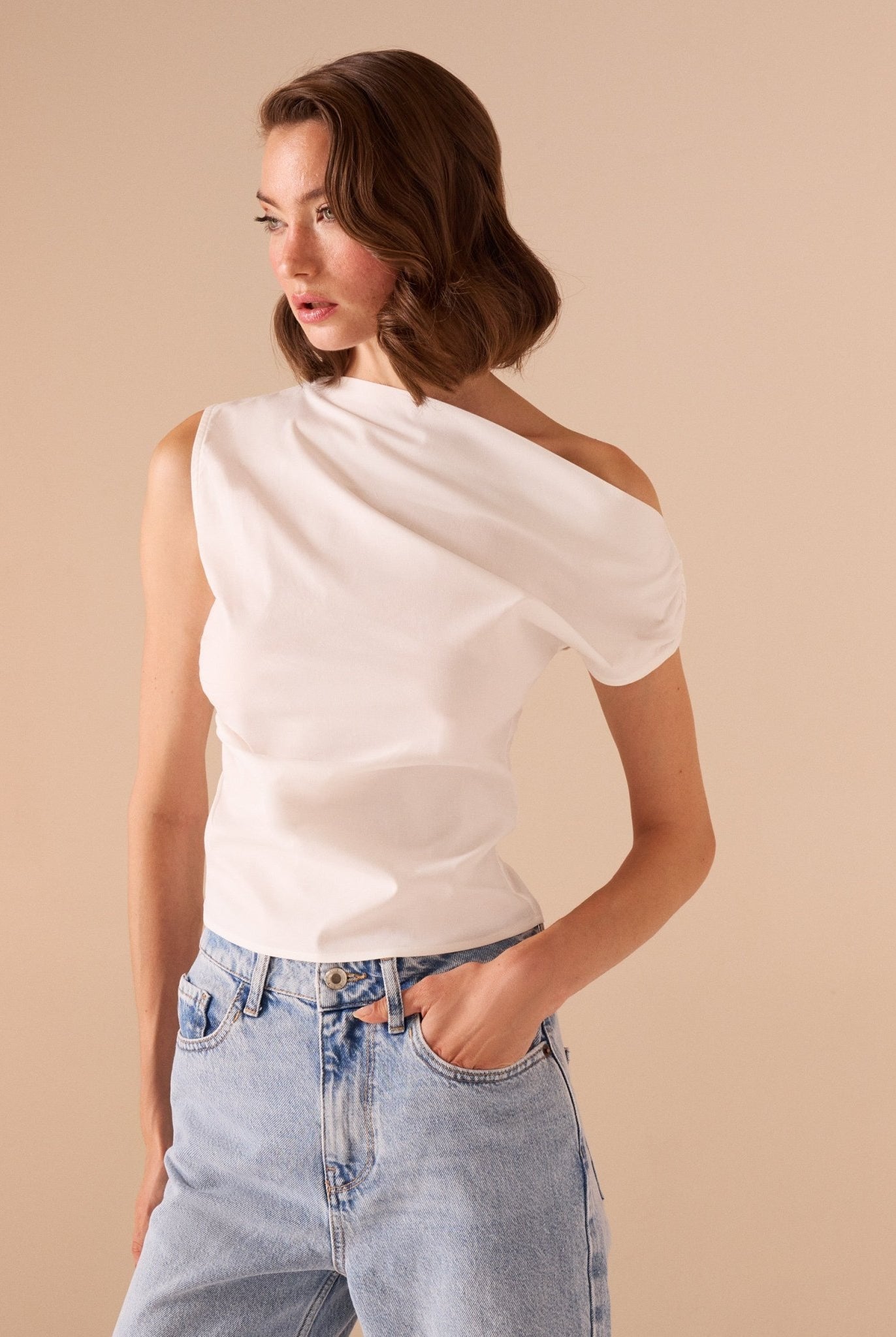 Asymmetric Shoulder Poplin Top - shopaleena
