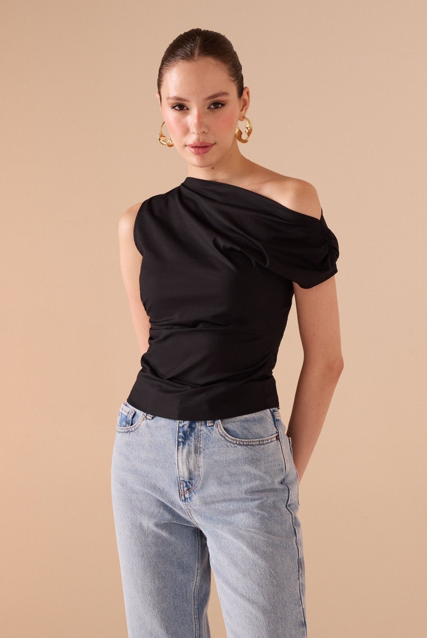 Asymmetric Shoulder Poplin Top - shopaleena