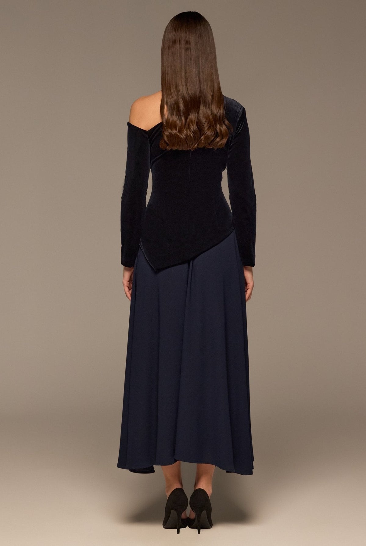 Asymmetric Velvet and Crepe A-Line Dress - shopaleena