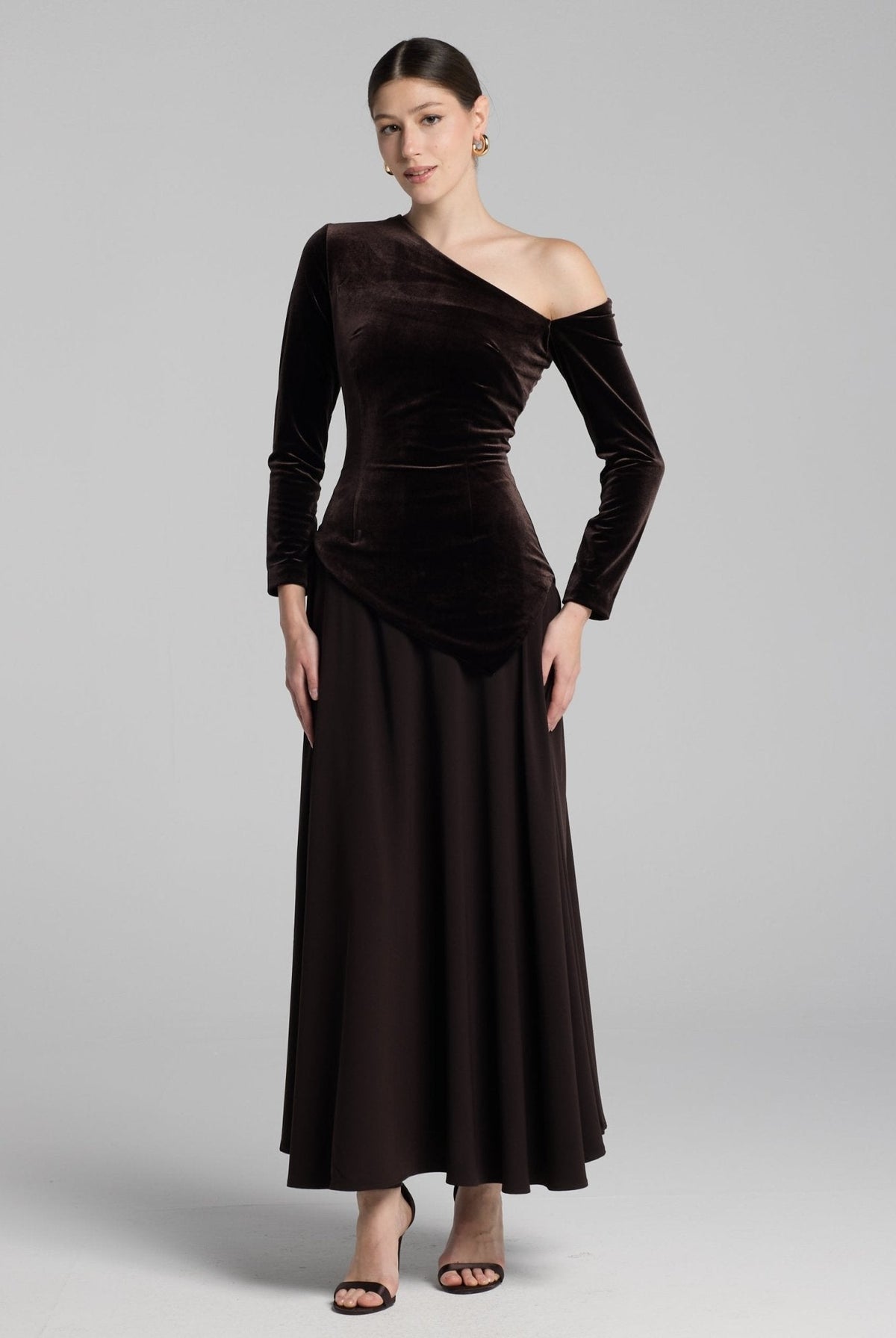 Asymmetric Velvet and Crepe A-Line Dress - shopaleena