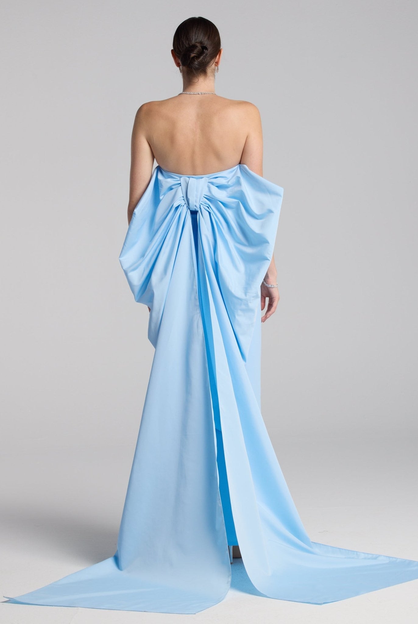 Baby Blue Crepe and Taffeta Strapless Bow Gown - shopaleena