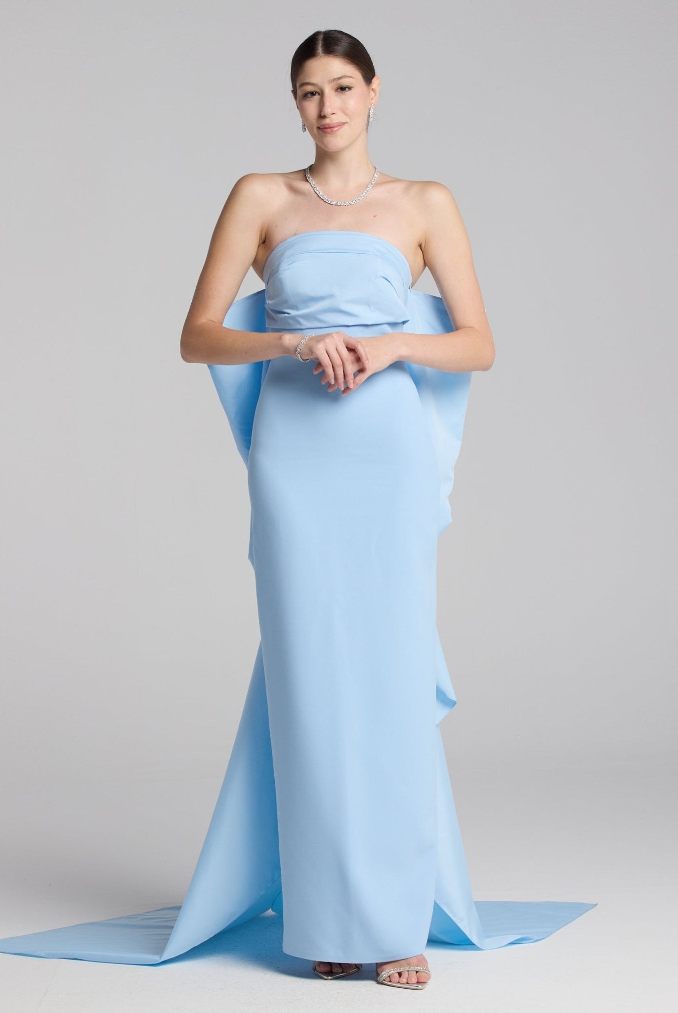 Baby Blue Crepe and Taffeta Strapless Bow Gown - shopaleena