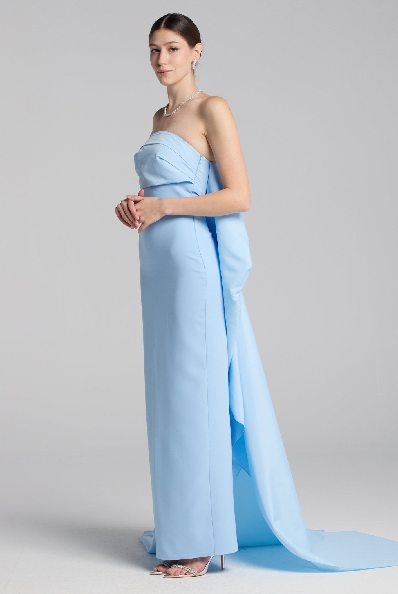 Baby Blue Crepe and Taffeta Strapless Bow Gown - shopaleena