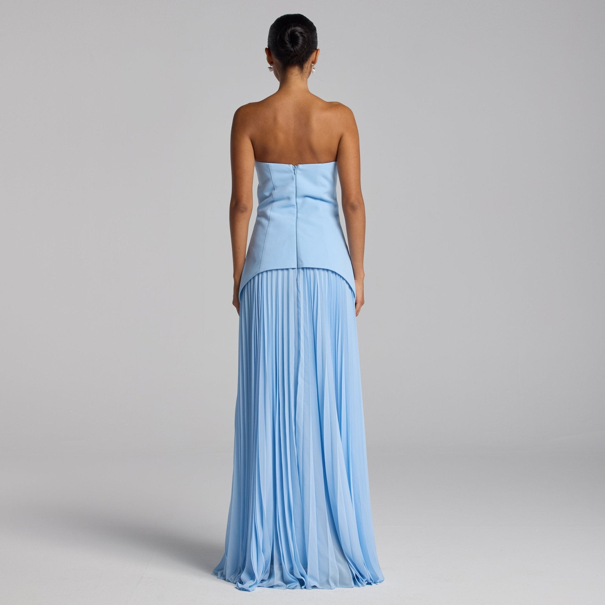 Baby Blue Crepe & Chiffon Dress with Pleated Skirt - shopaleena