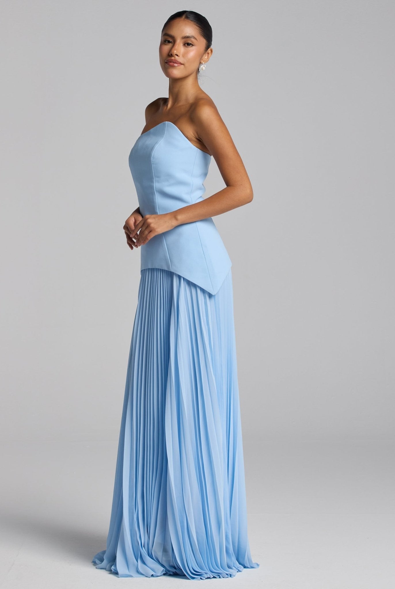Baby Blue Crepe & Chiffon Dress with Pleated Skirt - shopaleena