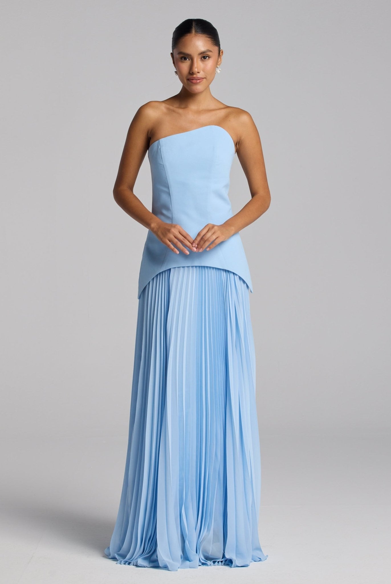 Baby Blue Crepe & Chiffon Dress with Pleated Skirt - shopaleena